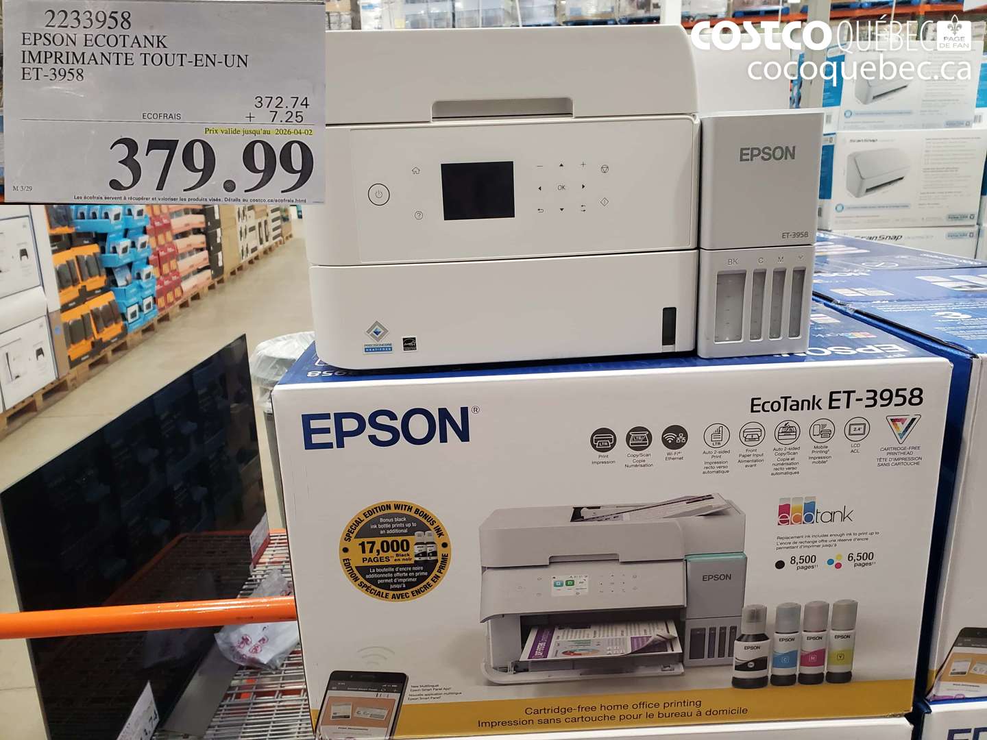 2233958 EPSON ECOTANK IMPRIMANTE TOUT-EN-UN ET-3958 (EXPIRES ON 2026-04-02) $379.99