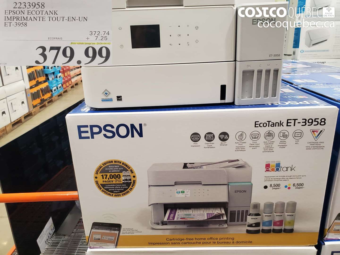 2233958 EPSON ECOTANK IMPRIMANTE TOUT-EN-UN ET-3958 (EXPIRES ON 2026-04-02) $379.99