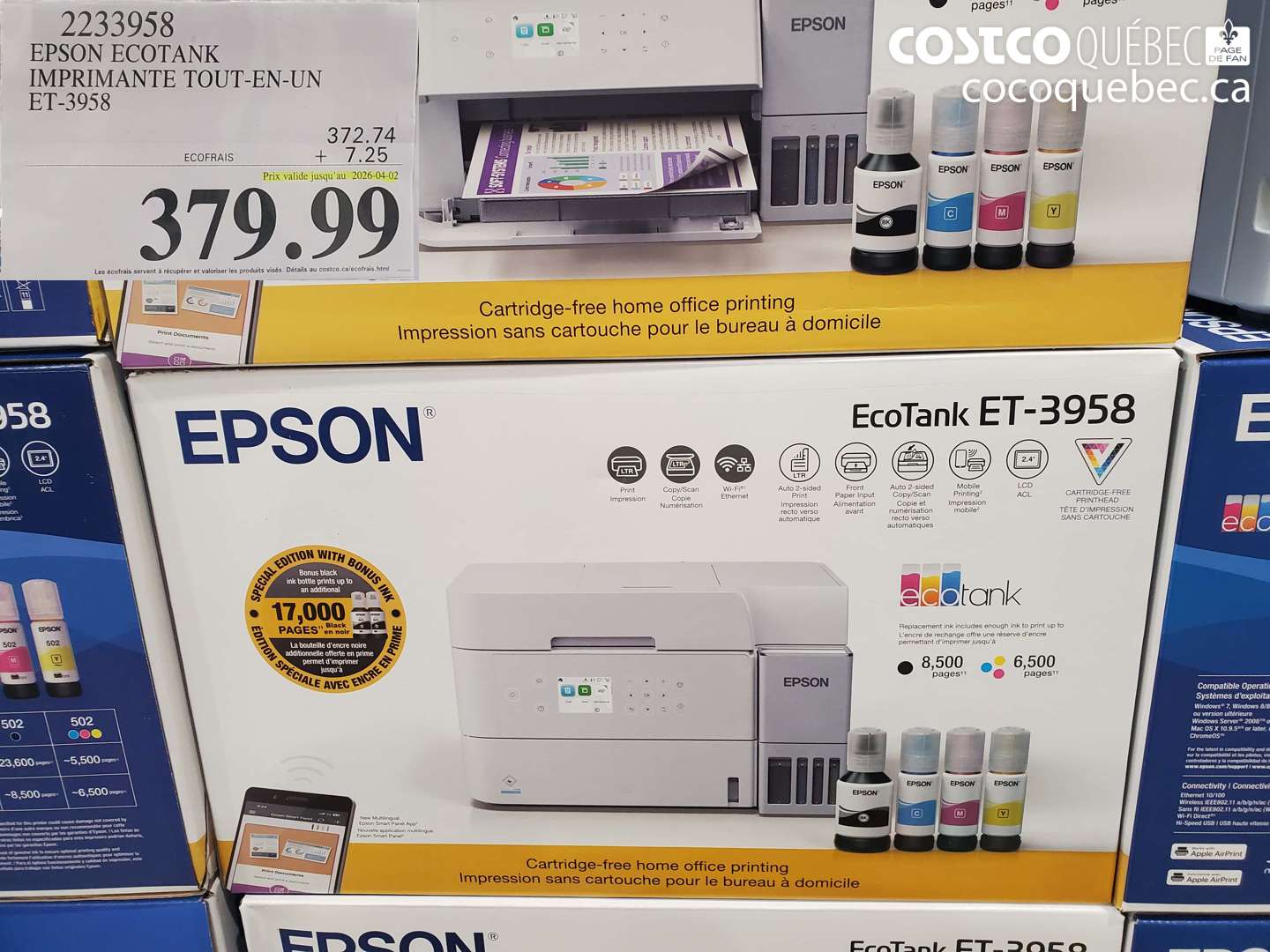 2233958 EPSON ECOTANK IMPRIMANTE TOUT-EN-UN ET-3958 (EXPIRES ON 2026-04-02) $379.99