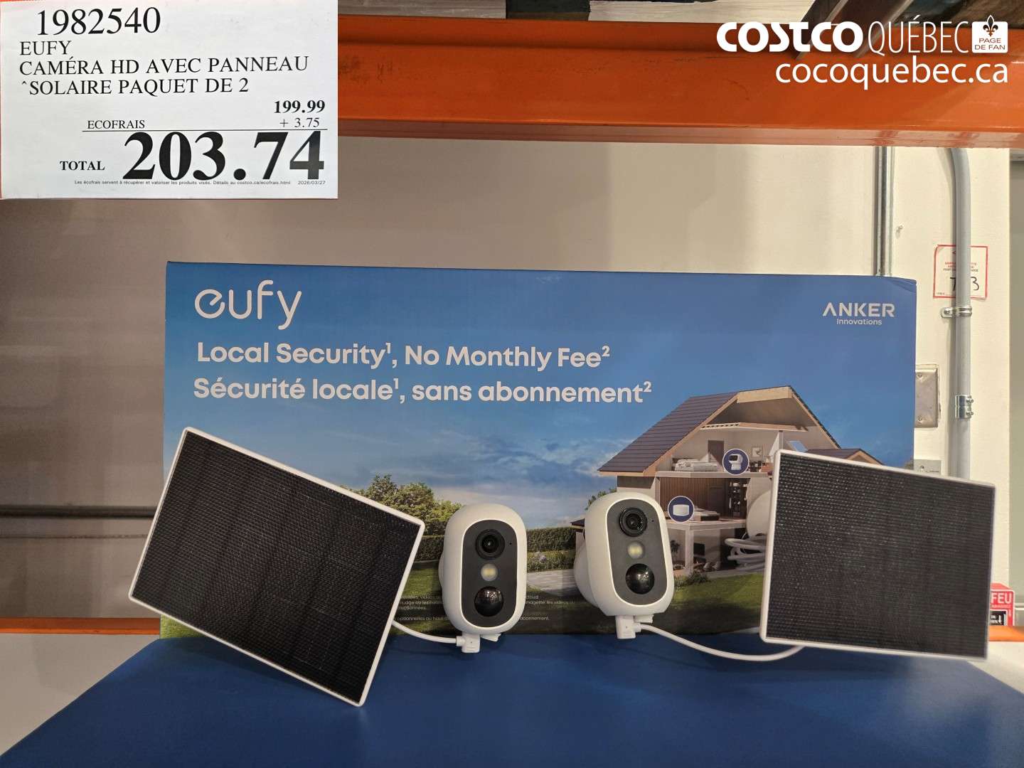 1982540 EUFY CAMÉRA HD AVEC PANNEAU SOLAIRE PAQUET DE 2 $203.74