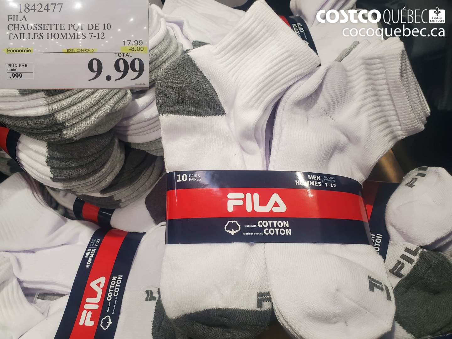 18424777 FILA CHAUSSETTE PQT DE 10 TAILLES HOMMES 7-12 ($8.00 INSTANT SAVINGS EXPIRES ON 2026-03-15) $9.99