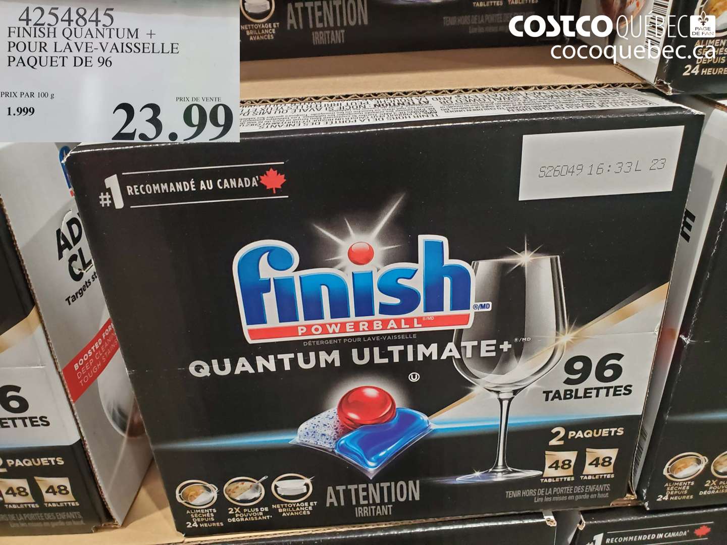 4254845 FINISH QUANTUM + POUR LAVE-VAISSELLE PAQUET DE 96 $23.99