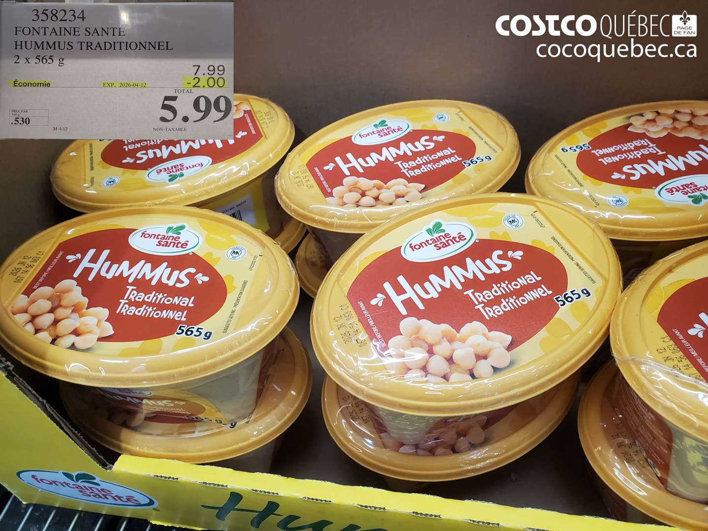 358234 FONTAINE SANTE HUMMUS TRADITIONNEL 2 X 565 G ($2.00 INSTANT SAVINGS EXPIRES ON 2026-04-12) $5.99