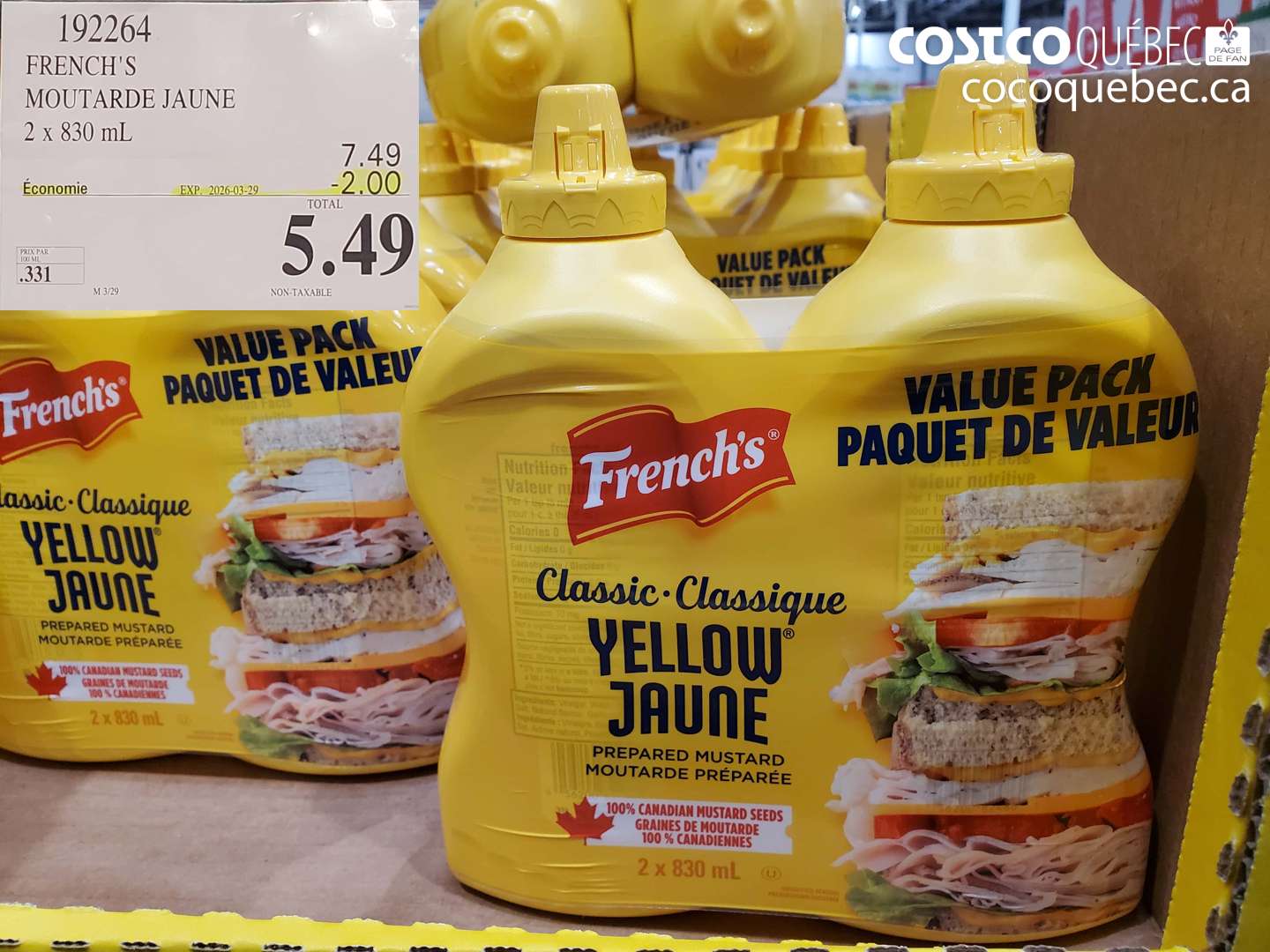 192264 FRENCH'S MOUTARDE JAUNE 2 X 830 ML ($2.00 INSTANT SAVINGS EXPIRES ON 2026-03-29) $5.49