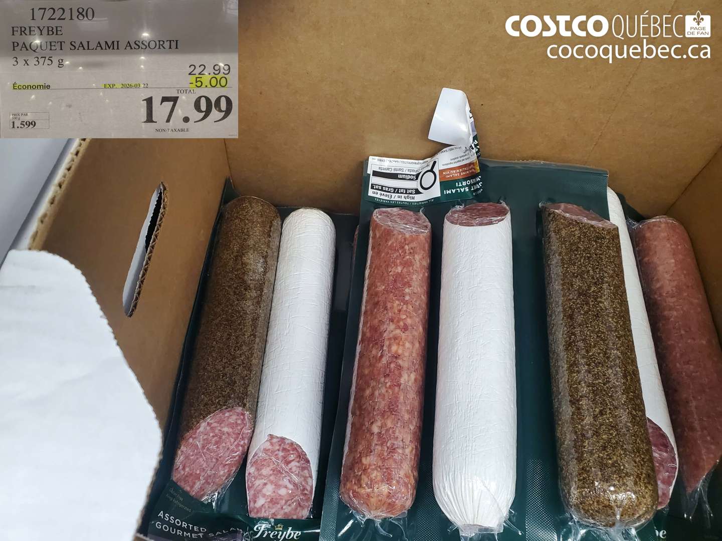 1722180 FREYBE PAQUET SALAMI ASSORTI 3 X 375 G ($5.00 INSTANT SAVINGS EXPIRES ON 2026-03-22) $17.99