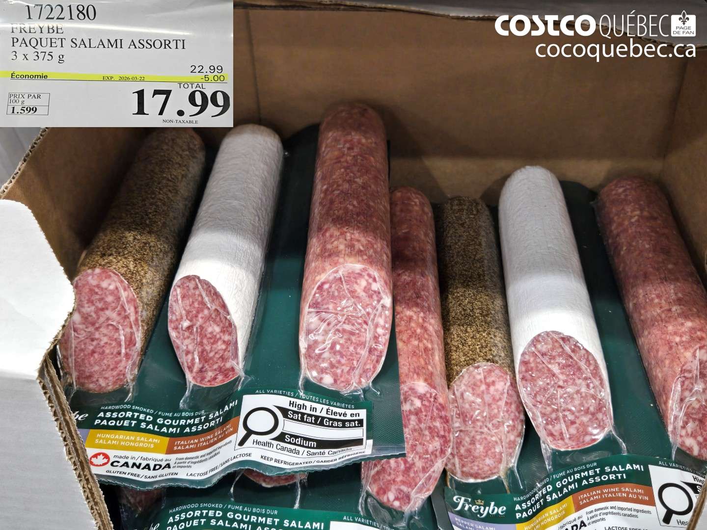 1722180 FREYBE PAQUET SALAMI ASSORTI 3 X 375 G ($5.00 INSTANT SAVINGS EXPIRES ON 2026-03-22) $17.99