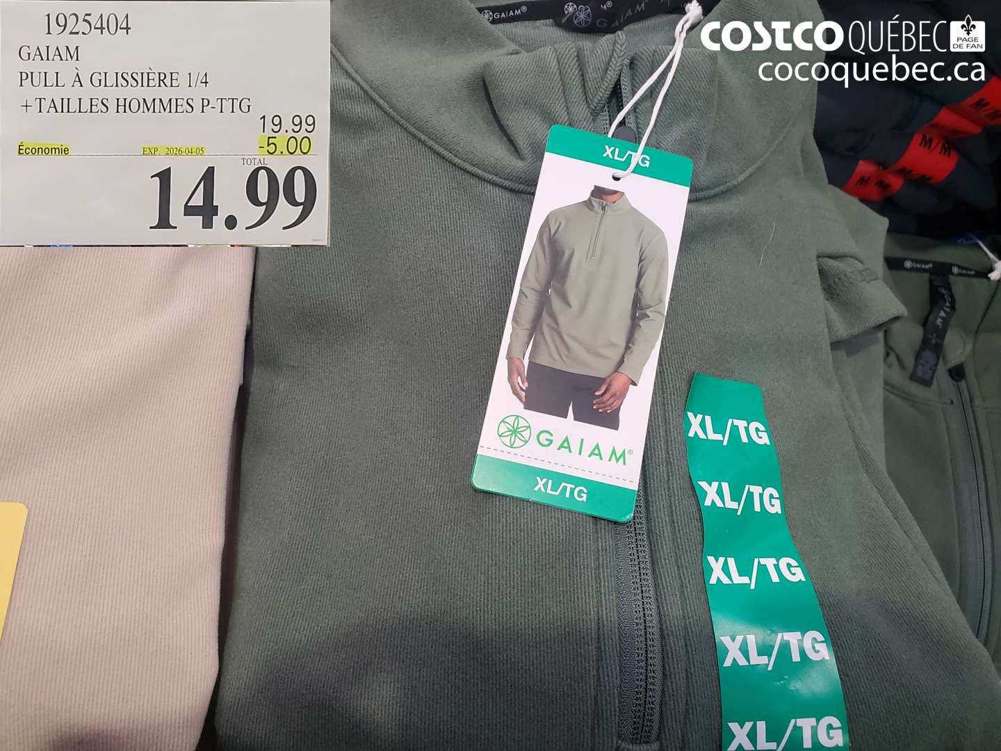 1925404 GAIAM PULL À GLISSIÈRE 1/4 +TAILLES HOMMES P-TTG ($5.00 INSTANT SAVINGS EXPIRES ON 2026-04-05) $14.99