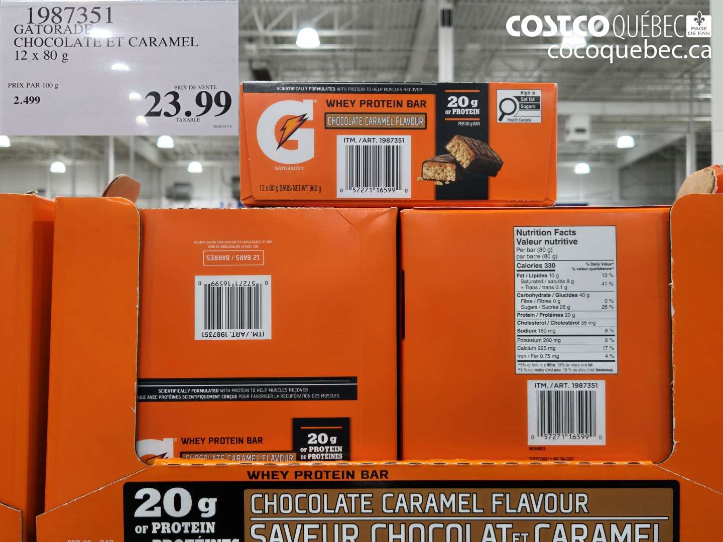 1987351 GATORADE CHOCOLATE ET CARAMEL 12 X 80 G $23.99