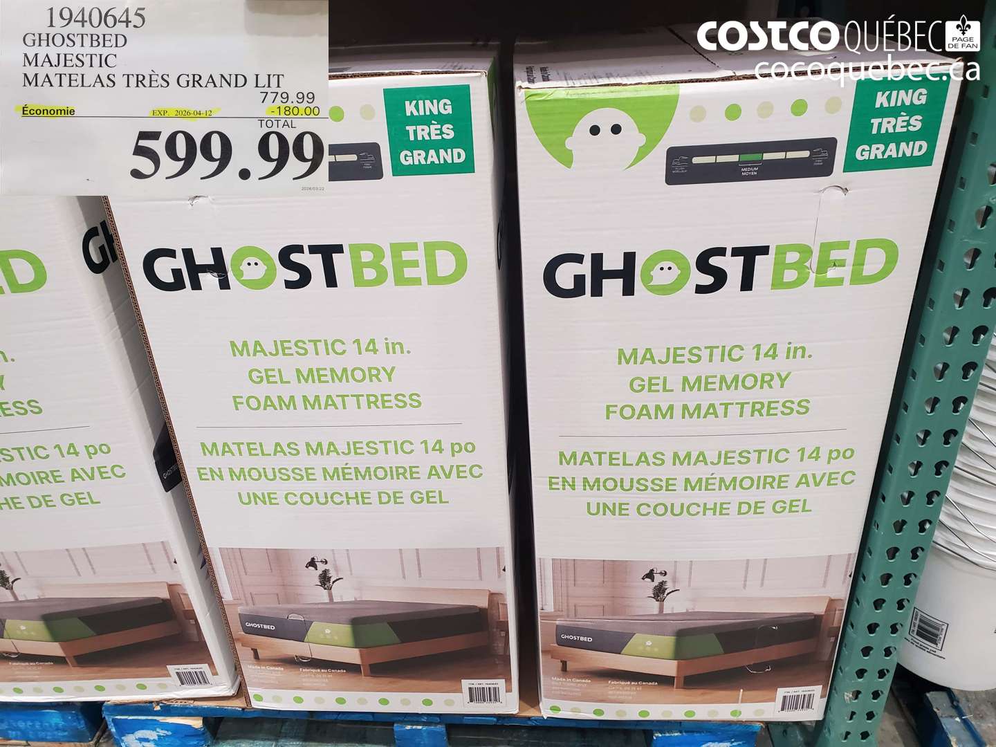 1940645 GHOSTBED MAJESTIC MATELAS TRÈS GRAND LIT ($180.00 INSTANT SAVINGS EXPIRES ON 2026-04-12) $599.99