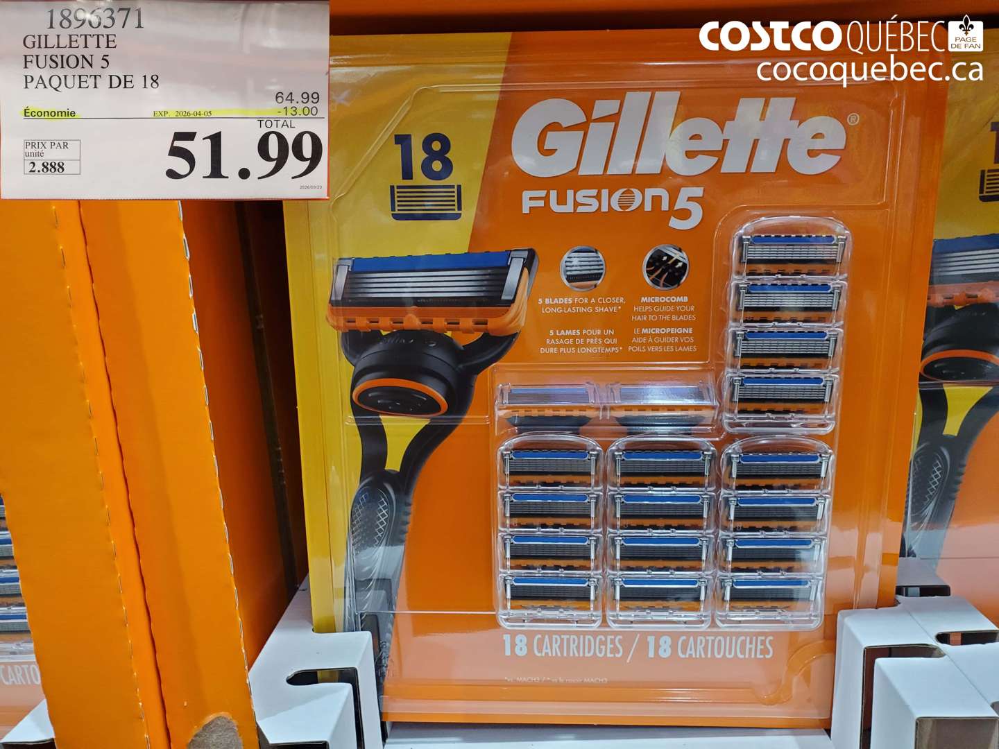 1896371 GILLETTE FUSION 5 PAQUET DE 18 ($13.00 INSTANT SAVINGS EXPIRES ON 2026-04-05) $51.99