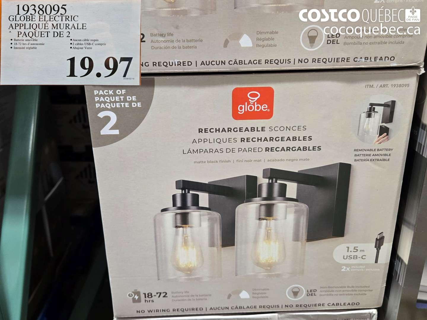 1938095 GLOBE ELECTRIC APPLIQUÉ MURALE PAQUET DE 2 $19.97