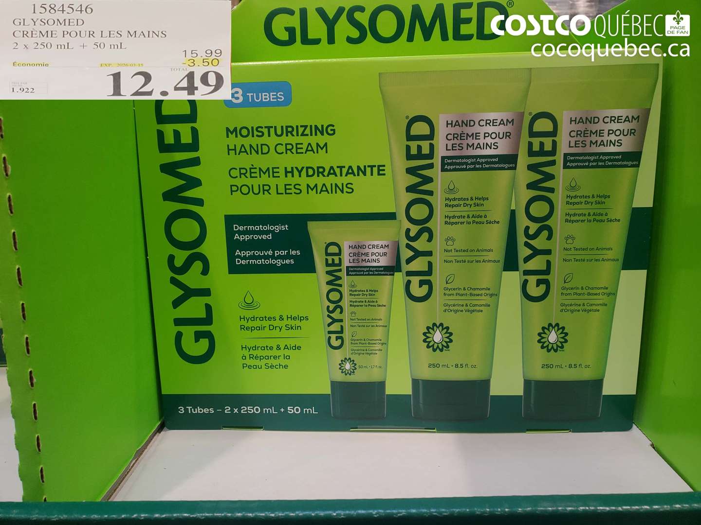 1584546 GLYSOMED CRÈME POUR LES MAINS 2 X 250 ML + 50 ML ($3.50 INSTANT SAVINGS EXPIRES ON 2026-03-15) $12.49