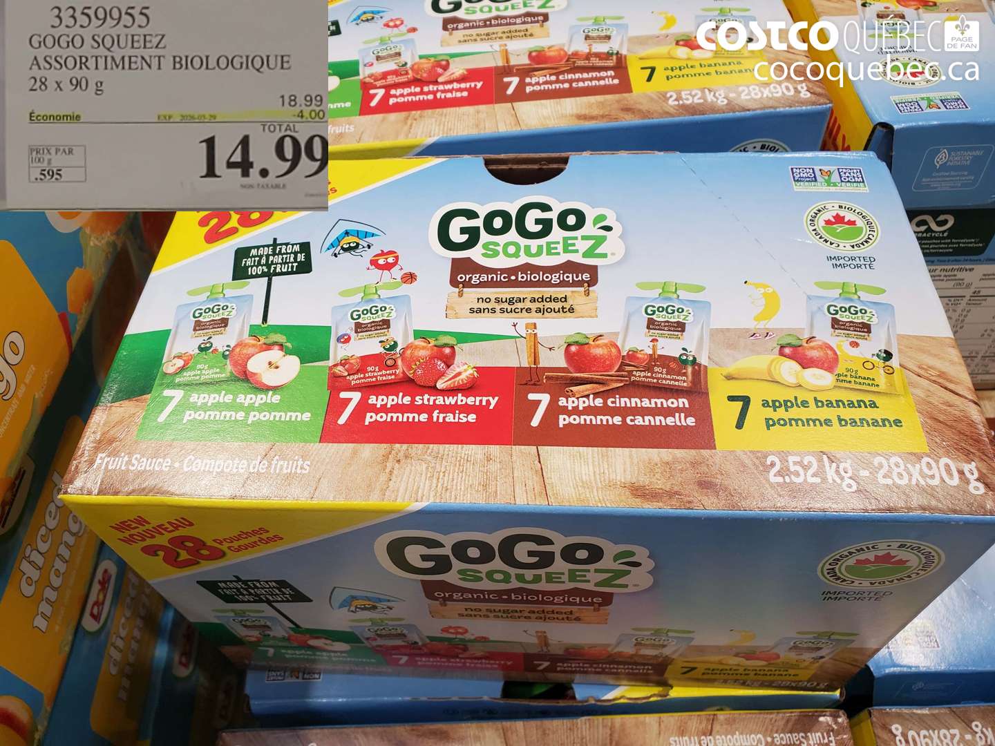 3359955 GOGO SQUEEZ ASSORTIMENT BIOLOGIQUE 28 X 90 G ($4.00 INSTANT SAVINGS EXPIRES ON 2026-03-29) $14.99