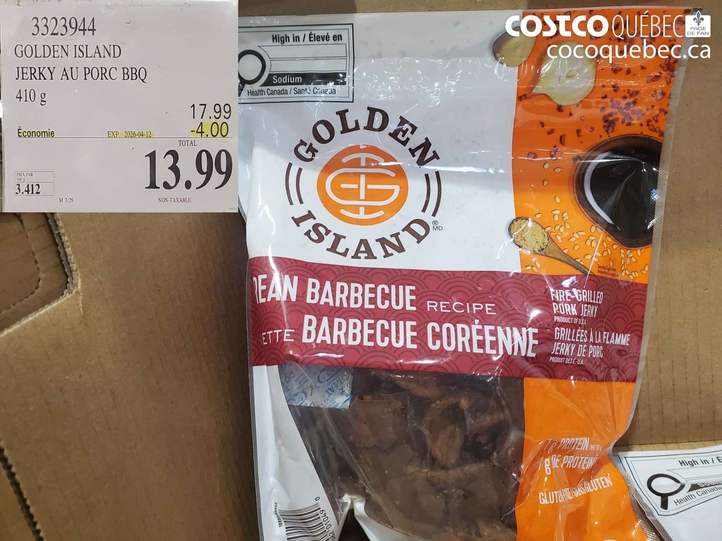 3323944 GOLDEN ISLAND JERKY AU PORC BBQ 410 G ($4.00 INSTANT SAVINGS EXPIRES ON 2026-04-12) $13.99