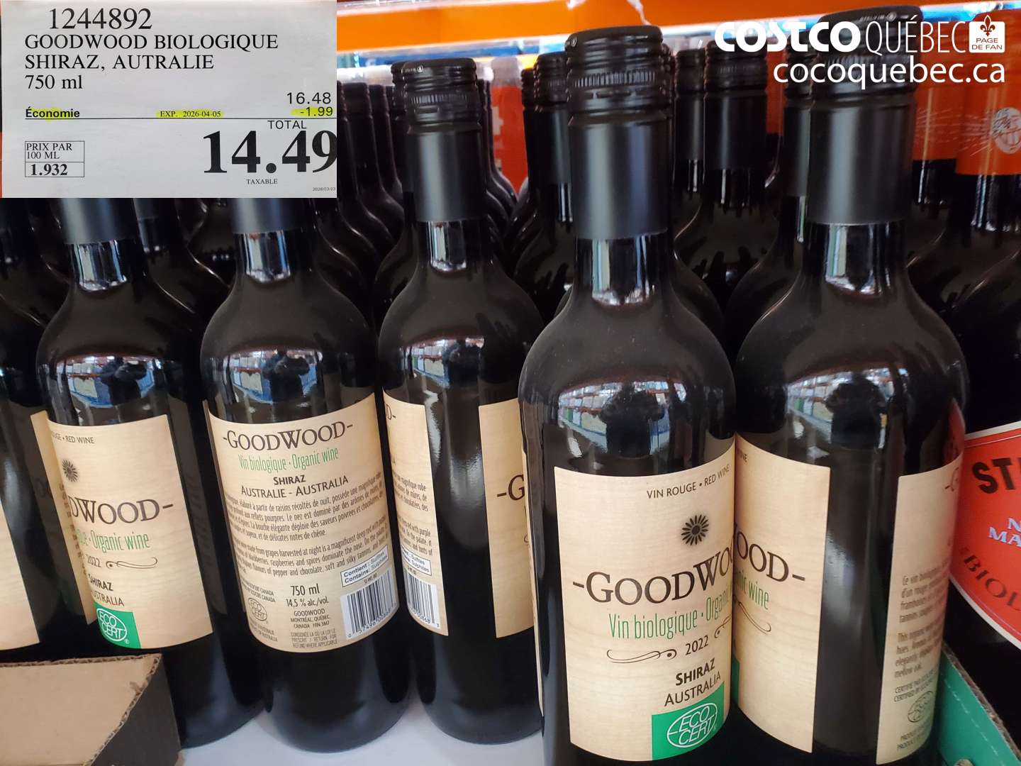 1244892 GOODWOOD BIOLOGIQUE SHIRAZ, AUSTRALIE 750 ML ($1.99 INSTANT SAVINGS EXPIRES ON 2026-04-05) $14.49