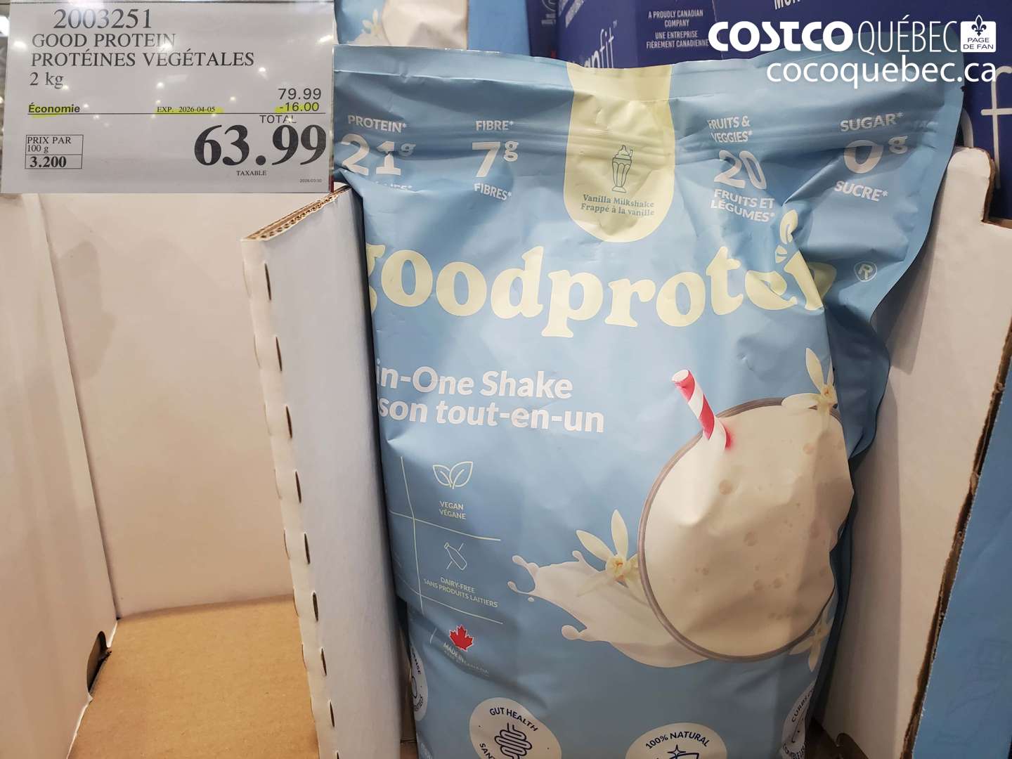 2003251 GOOD PROTEIN PROTÉINES VÉGÉTALES 2 KG ($16.00 INSTANT SAVINGS EXPIRES ON 2026-04-05) $63.99