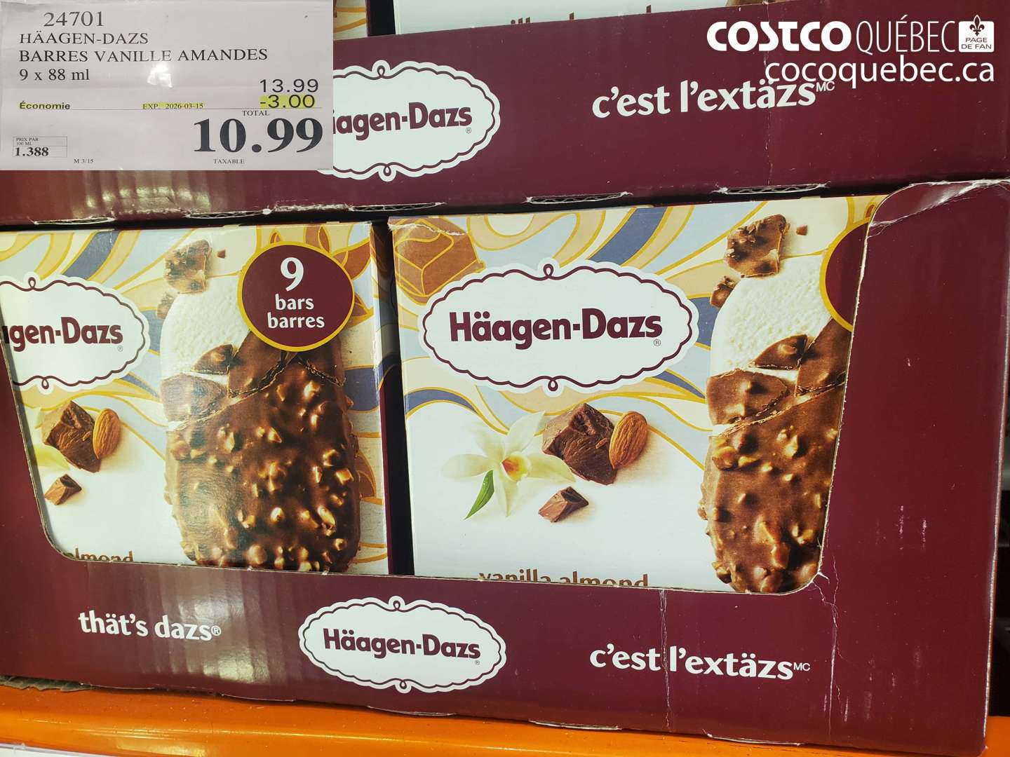 24701 HAAGEN-DAZS BARRES VANILLE AMANDES 9 X 88 ML ($3.00 INSTANT SAVINGS EXPIRES ON 2026-03-15) $10.99