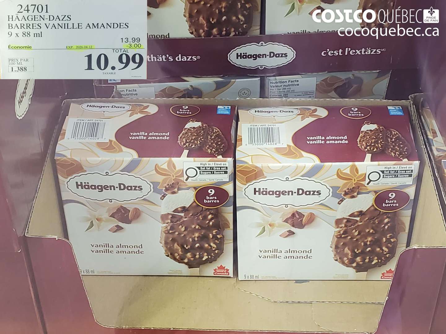 24701 HÄAGEN-DAZS BARRES VANILLE AMANDES 9 X 88 ML ($3.00 INSTANT SAVINGS EXPIRES ON 2026-04-12) $10.99