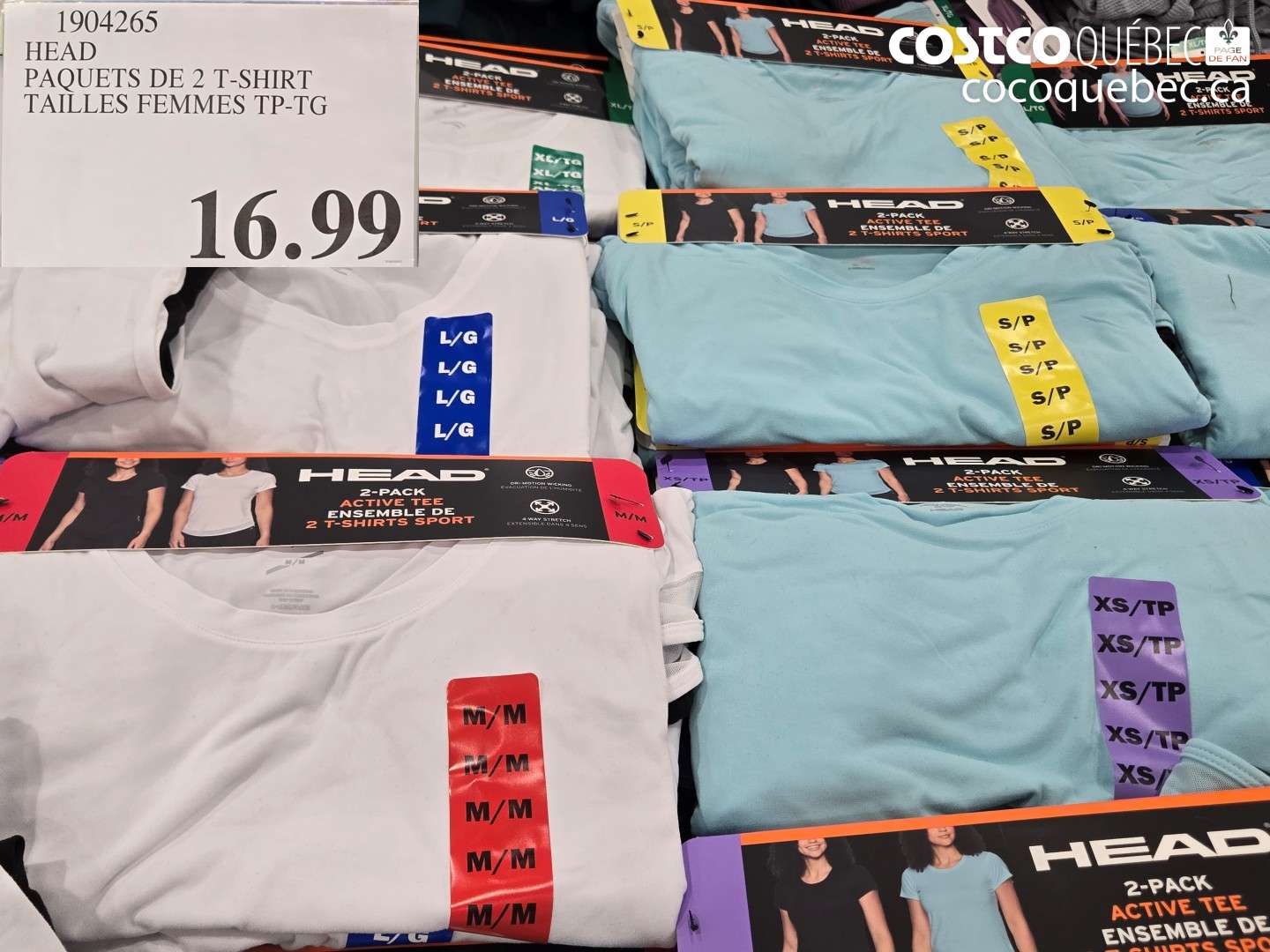 1904265 HEAD PAQUETS DE 2 T-SHIRT TAILLES FEMMES TP-TG $16.99