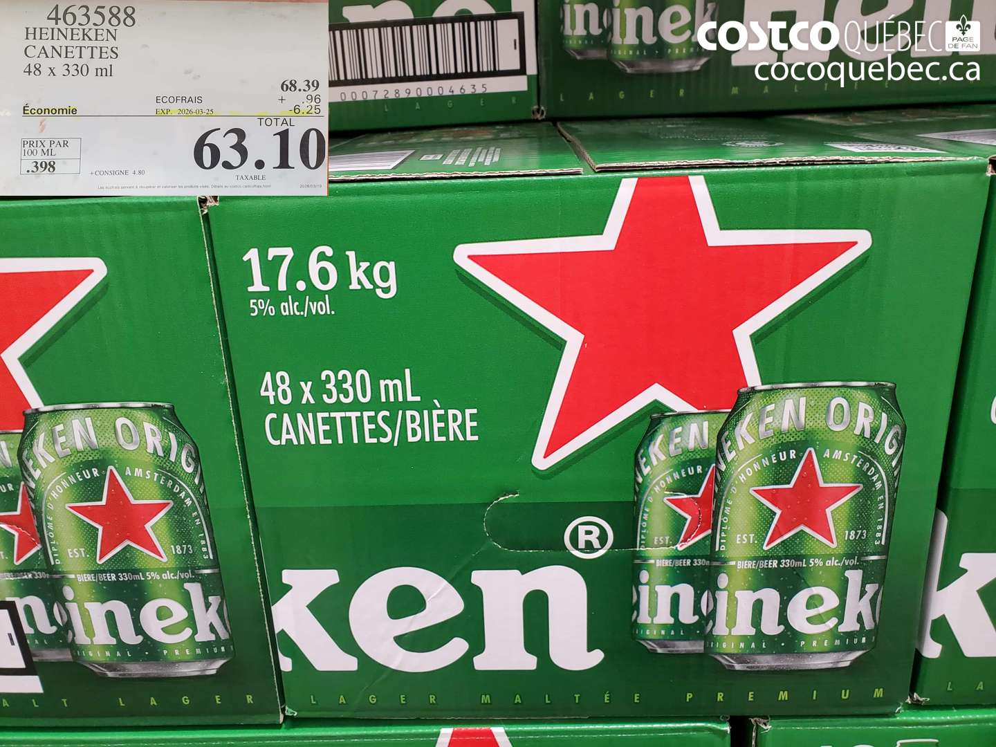 463588 HEINEKEN CANETTES 48 X 330 ML ($6.25 INSTANT SAVINGS EXPIRES ON 2026-03-25) $63.10