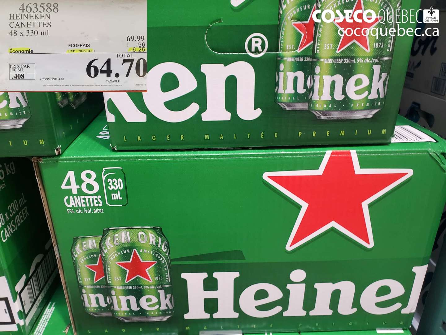 463588 HEINEKEN CANETTES 48 X 330 ML ($6.25 INSTANT SAVINGS EXPIRES ON 2026-04-01) $64.70