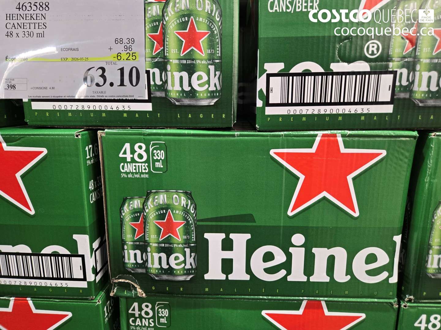 463588 HEINEKEN CANETTES 48 X 330 ML ($6.25 INSTANT SAVINGS EXPIRES ON 2026-03-25) $63.10