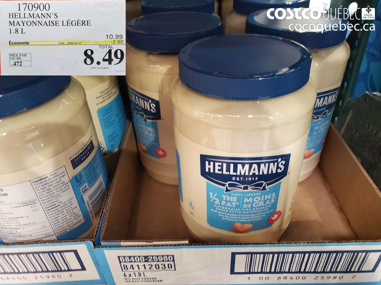 170900 HELLMANN'S MAYONNAISE LÉGÈRE 1.8 L ($2.50 INSTANT SAVINGS EXPIRES ON 2026-04-12) $8.49