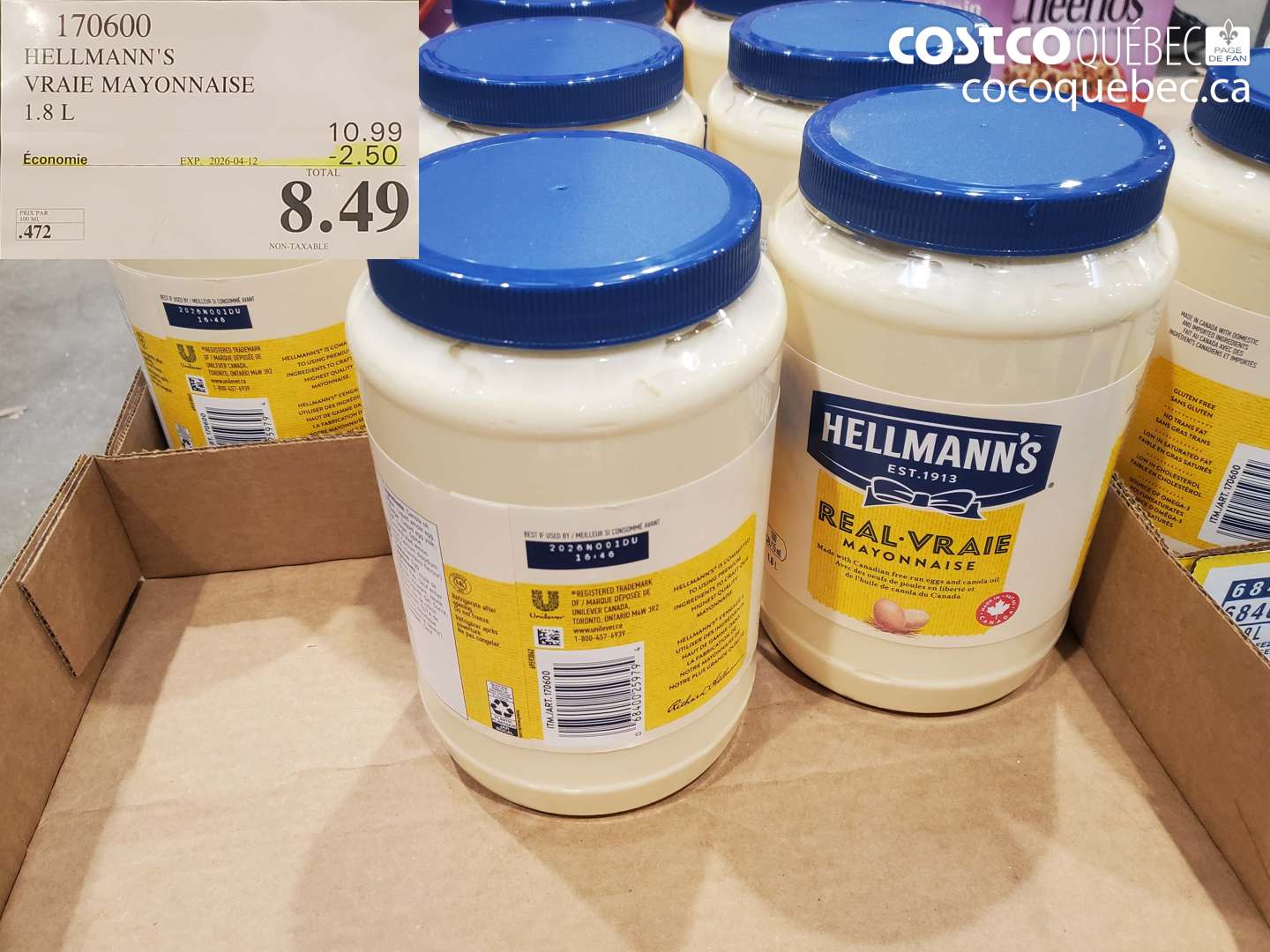 170600 HELLMANN'S VRAIE MAYONNAISE 1.8 L ($2.50 INSTANT SAVINGS EXPIRES ON 2026-04-12) $8.49