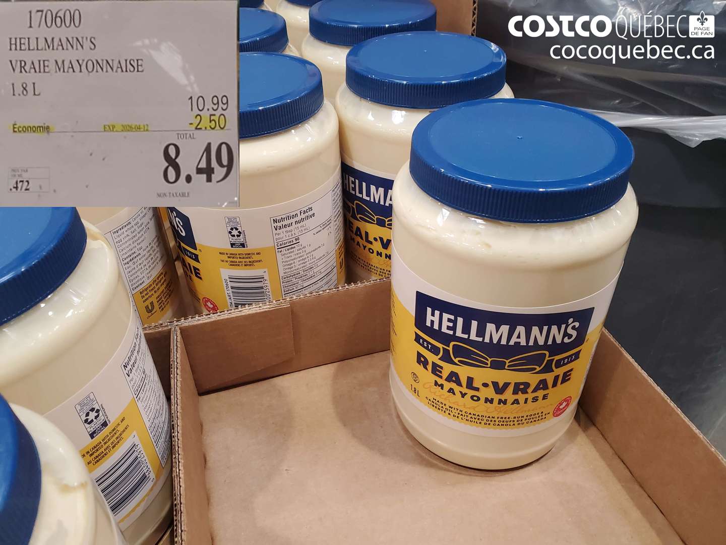 170600 HELLMANN'S VRAIE MAYONNAISE 1.8 L ($2.50 INSTANT SAVINGS EXPIRES ON 2026-04-12) $8.49