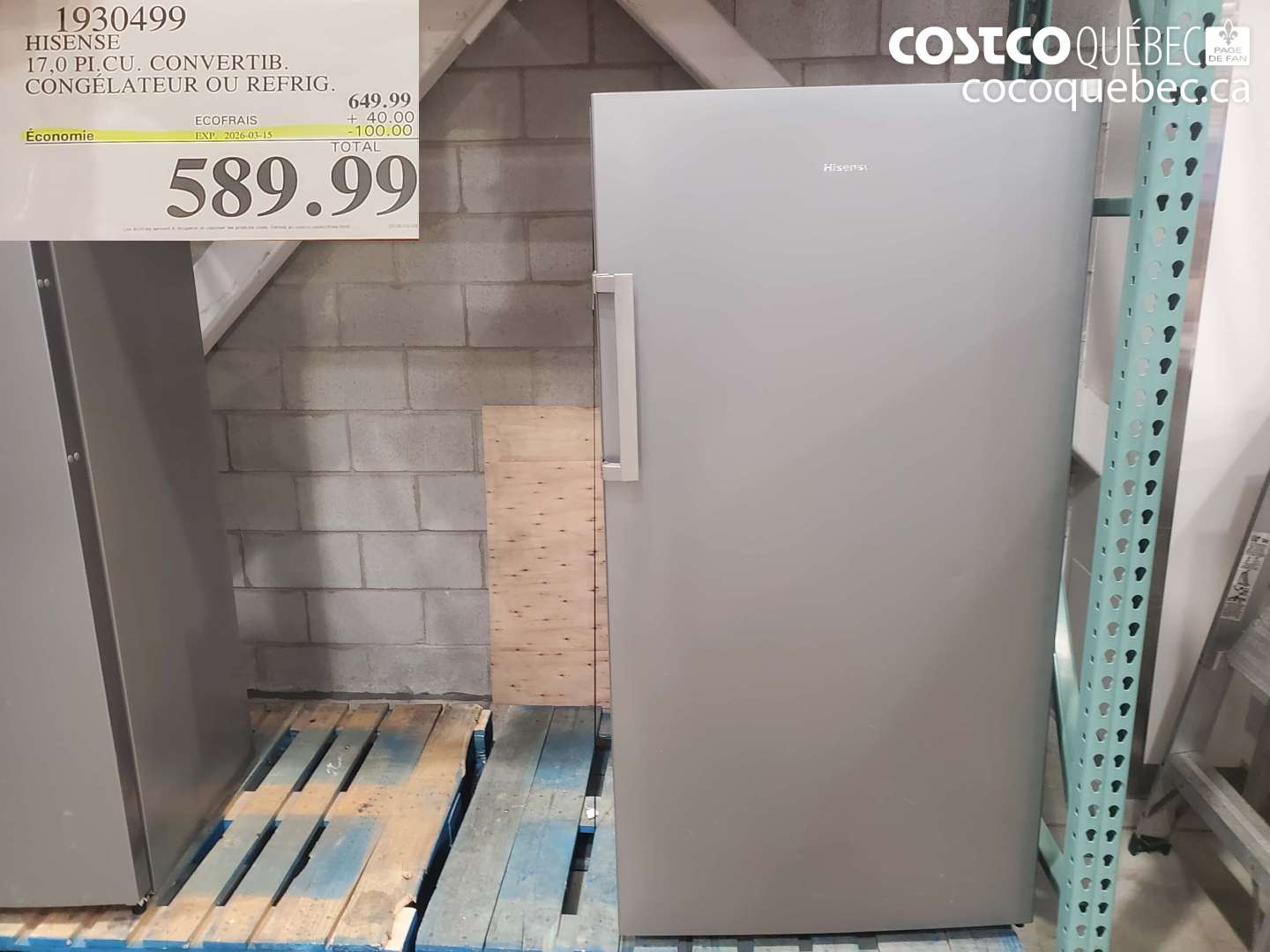 1930499 HISENSE 17,0 PL. CU. CONVERTIB. CONGÉLATEUR OU REFRIG. ($100.00 INSTANT SAVINGS EXPIRES ON 2026-03-15) $589.99
