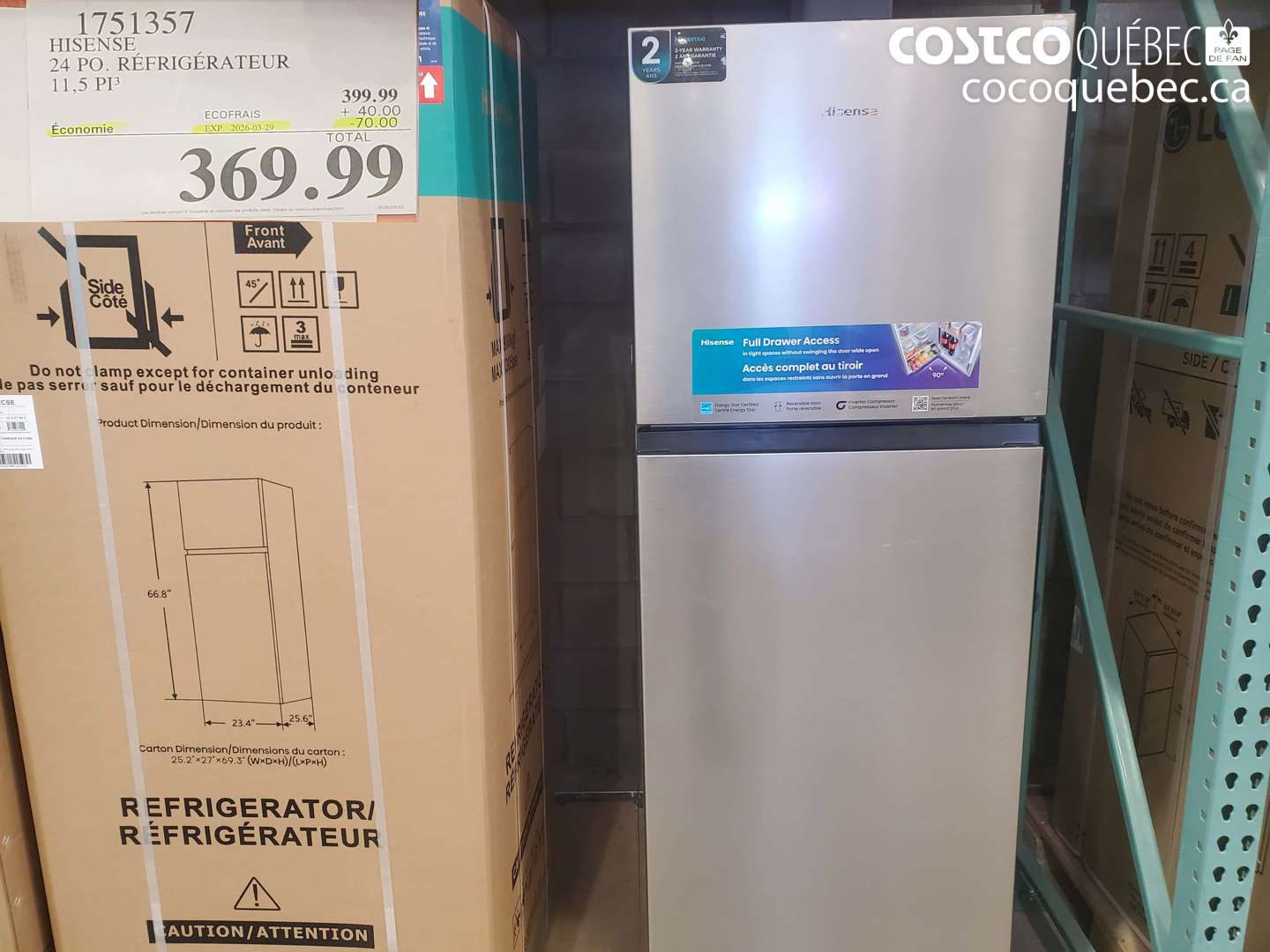 1751357 HISENSE 24 PO. RÉFRIGÉRATEUR 11,5 PI3 ($70.00 INSTANT SAVINGS EXPIRES ON 2026-03-29) $369.99