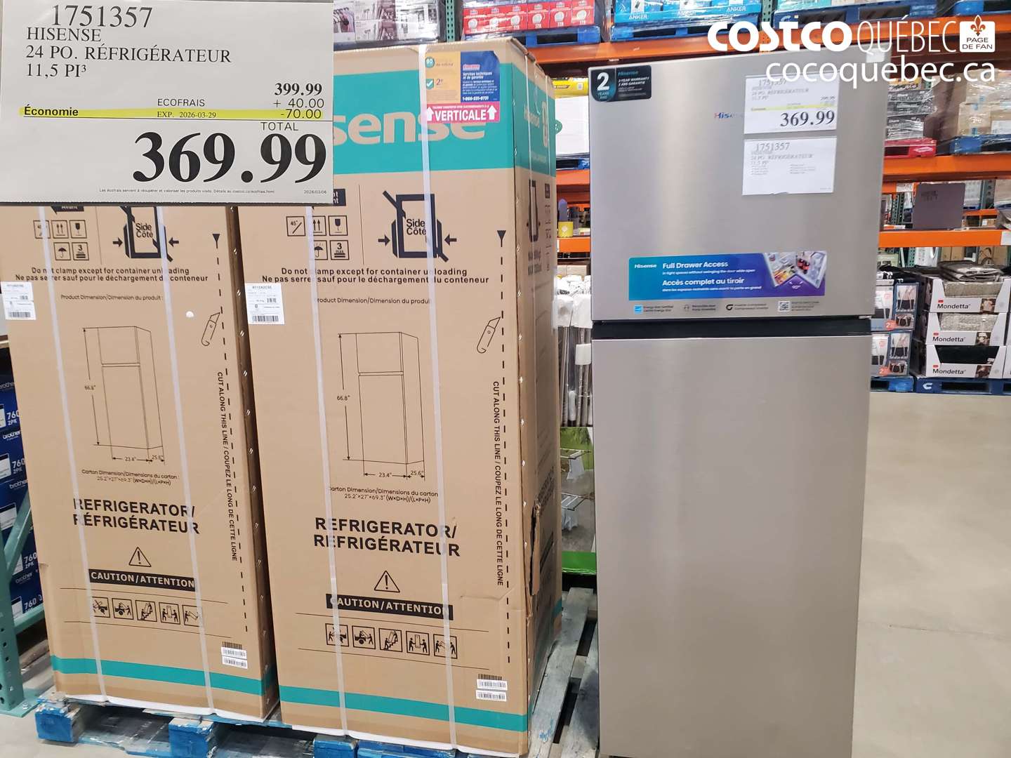 1751357 HISENSE 24 PO. RÉFRIGÉRATEUR 11,5 PI3 ($70.00 INSTANT SAVINGS EXPIRES ON 2026-03-29) $369.99