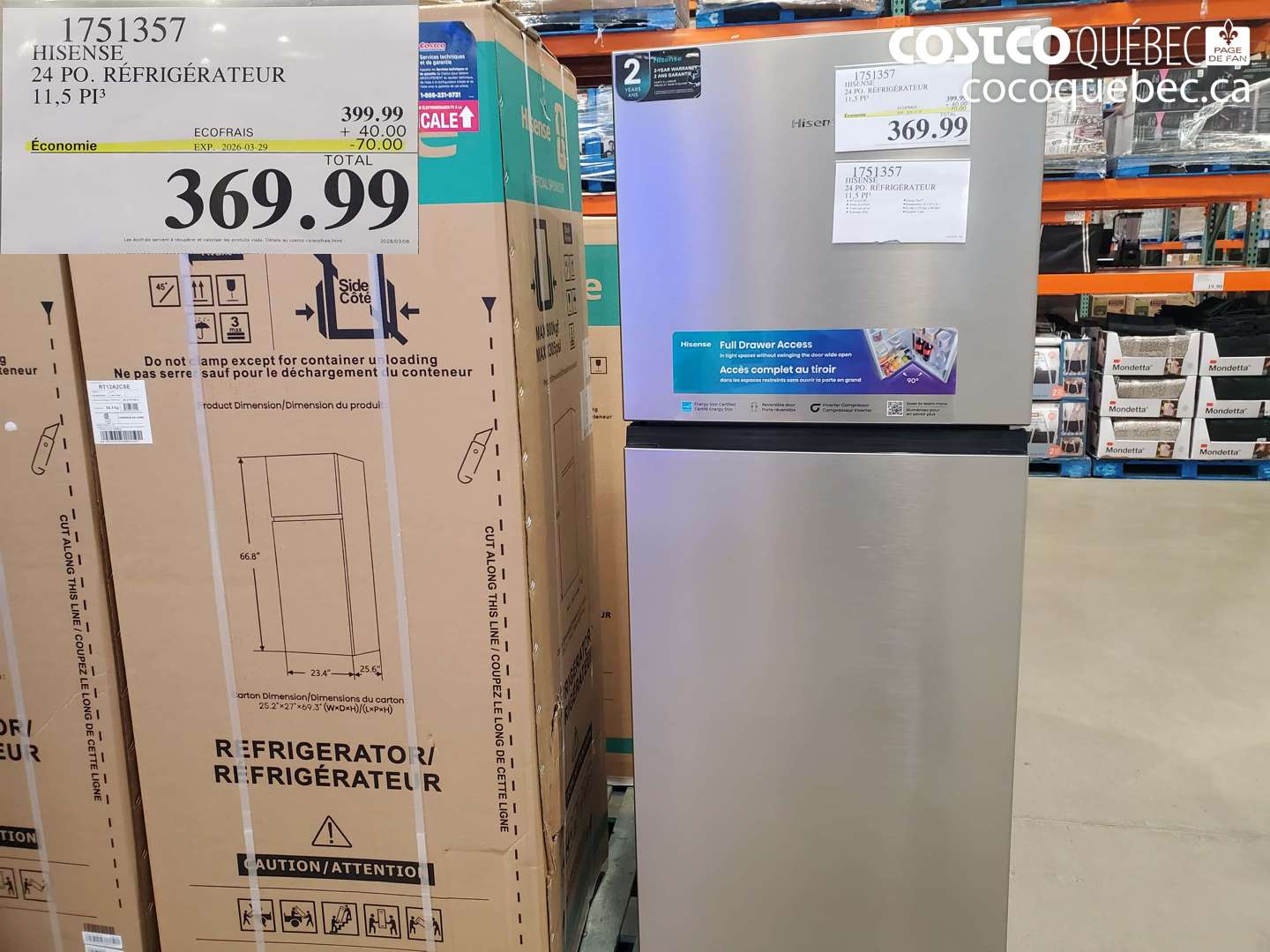 1751357 HISENSE 24 PO. RÉFRIGÉRATEUR 11,5 PI3 ($70.00 INSTANT SAVINGS EXPIRES ON 2026-03-29) $369.99