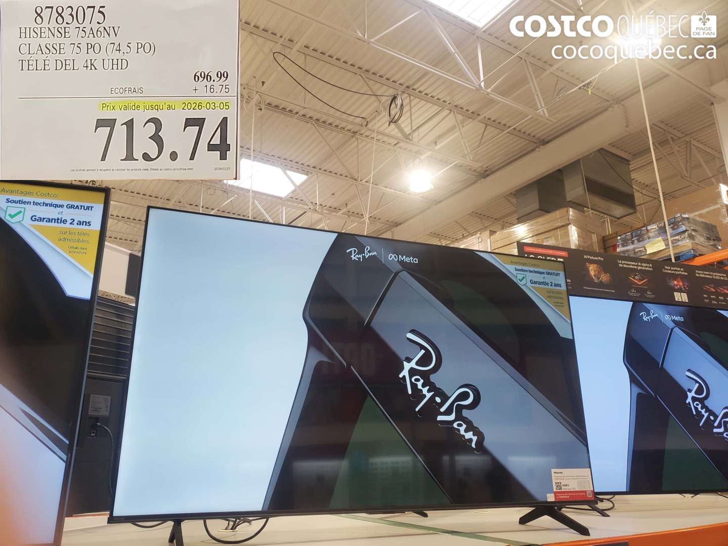 8783075 HISENSE 75A6NV CLASSE 75 PO (74,5 PO) TELE DEL 4K UHD (EXPIRES ON 2026-03-05) $713.74