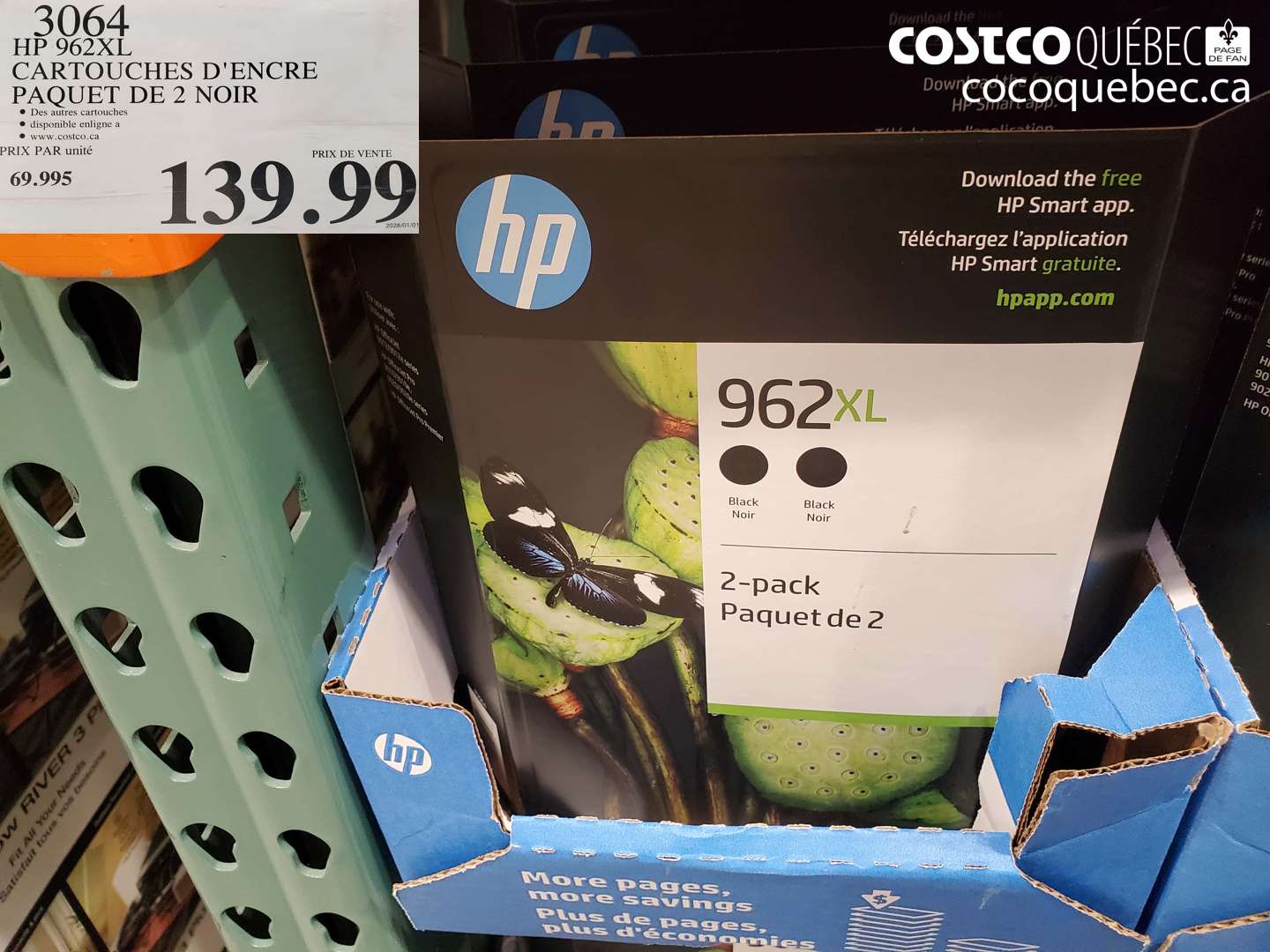 3064 HP 962XL CARTOUCHES D'ENCRE PAQUET DE 2 NOIR $139.99