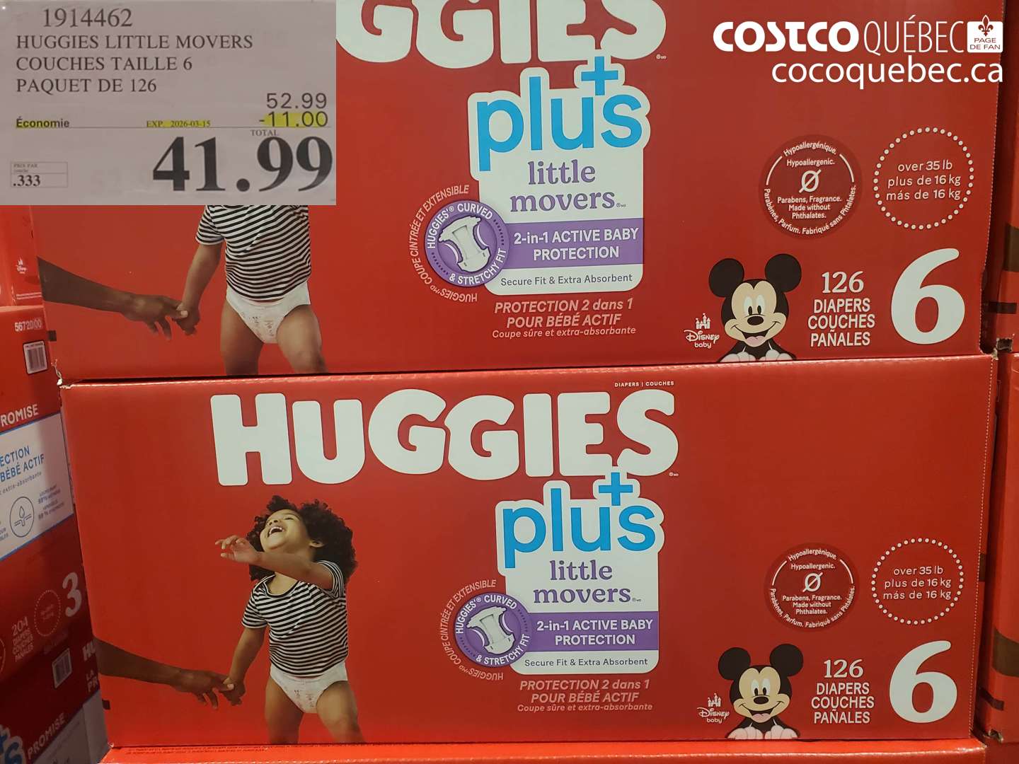 1914462 HUGGIES LITTLE MOVERS COUCHES TAILLE 6 PAQUET DE 126 ($11.00 INSTANT SAVINGS EXPIRES ON 2026-03-15) $41.99