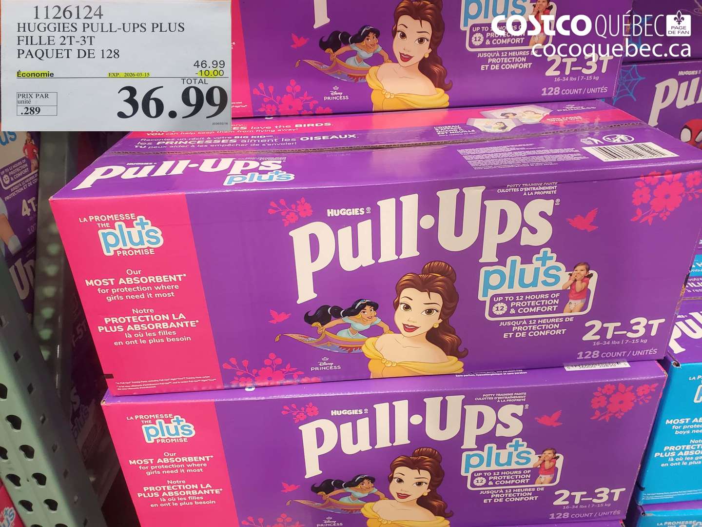 1126124 HUGGIES PULL-UPS PLUS FILLE 2T-3T PAQUET DE 128 ($10.00 INSTANT SAVINGS EXPIRES ON 2026-03-15) $36.99