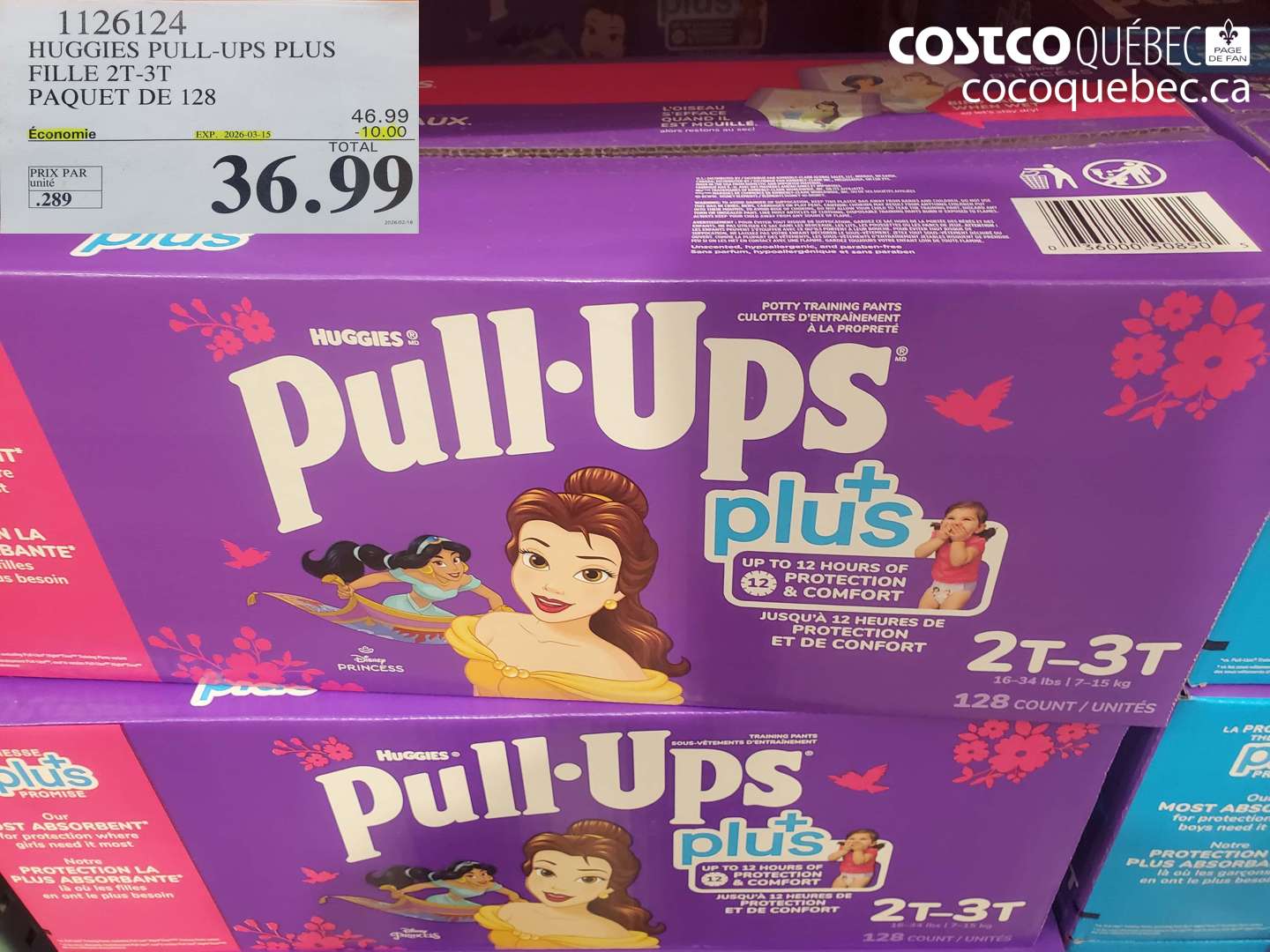 1126124 HUGGIES PULL-UPS PLUS FILLE 2T-3T PAQUET DE 128 ($10.00 INSTANT SAVINGS EXPIRES ON 2026-03-15) $36.99