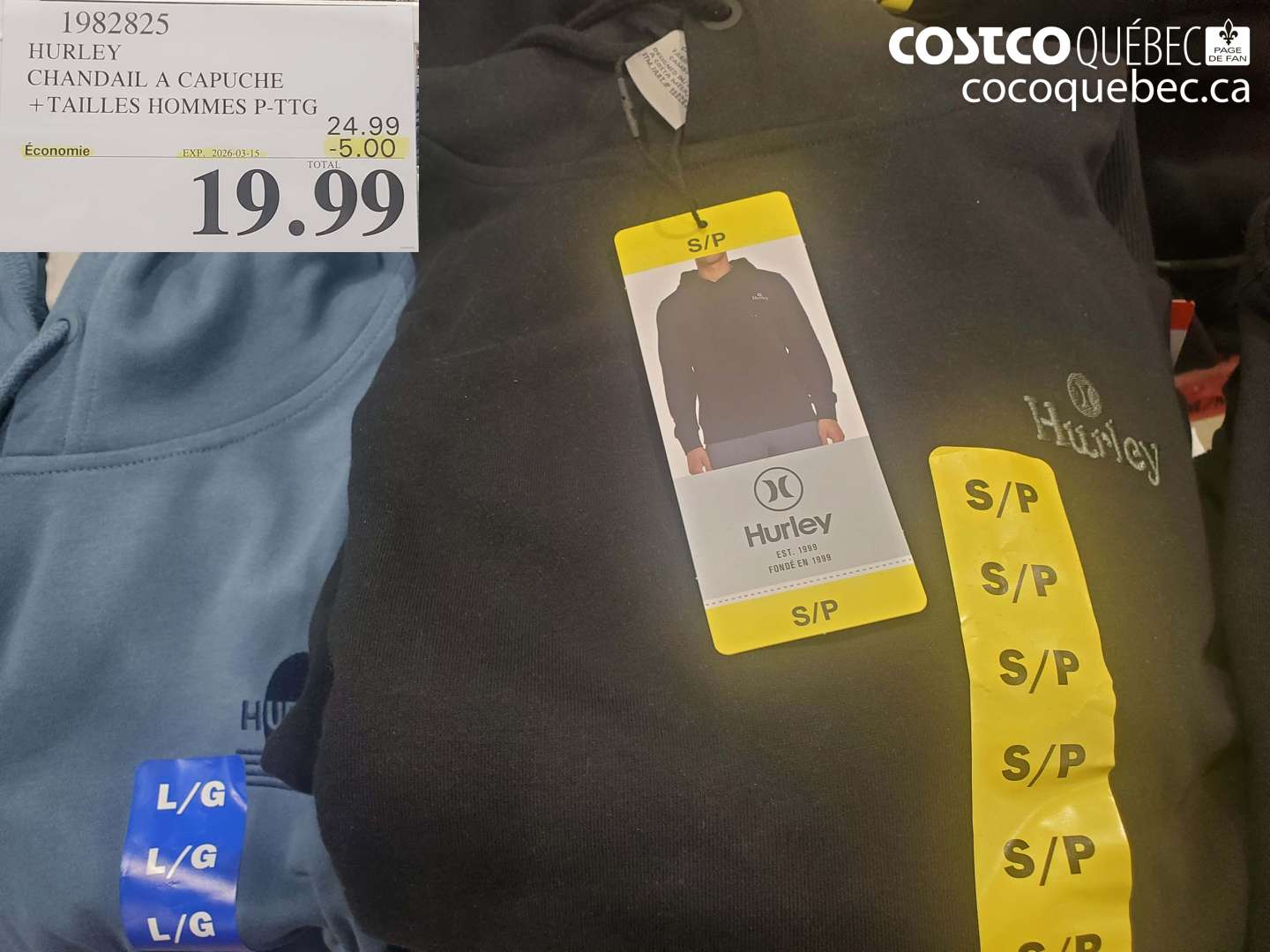 1982825 HURLEY CHANDAIL A CAPUCHE + TAILLES HOMMES P-PTG ($5.00 INSTANT SAVINGS EXPIRES ON 2026-03-15) $19.99