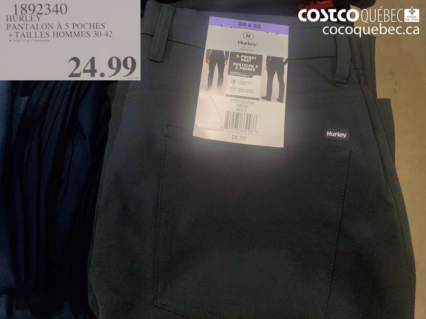 1892340 HURLEY PANTALON À 5 POCHES + TAILLES HOMMES 30-42 $24.99