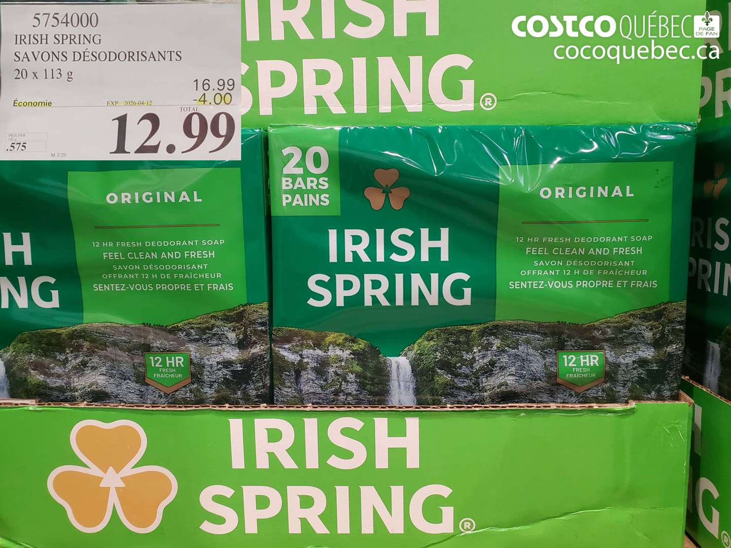 5754000 IRISH SPRING SAVONS DÉSODORISANTS ($4.00 INSTANT SAVINGS EXPIRES ON 2026-04-12) $12.99