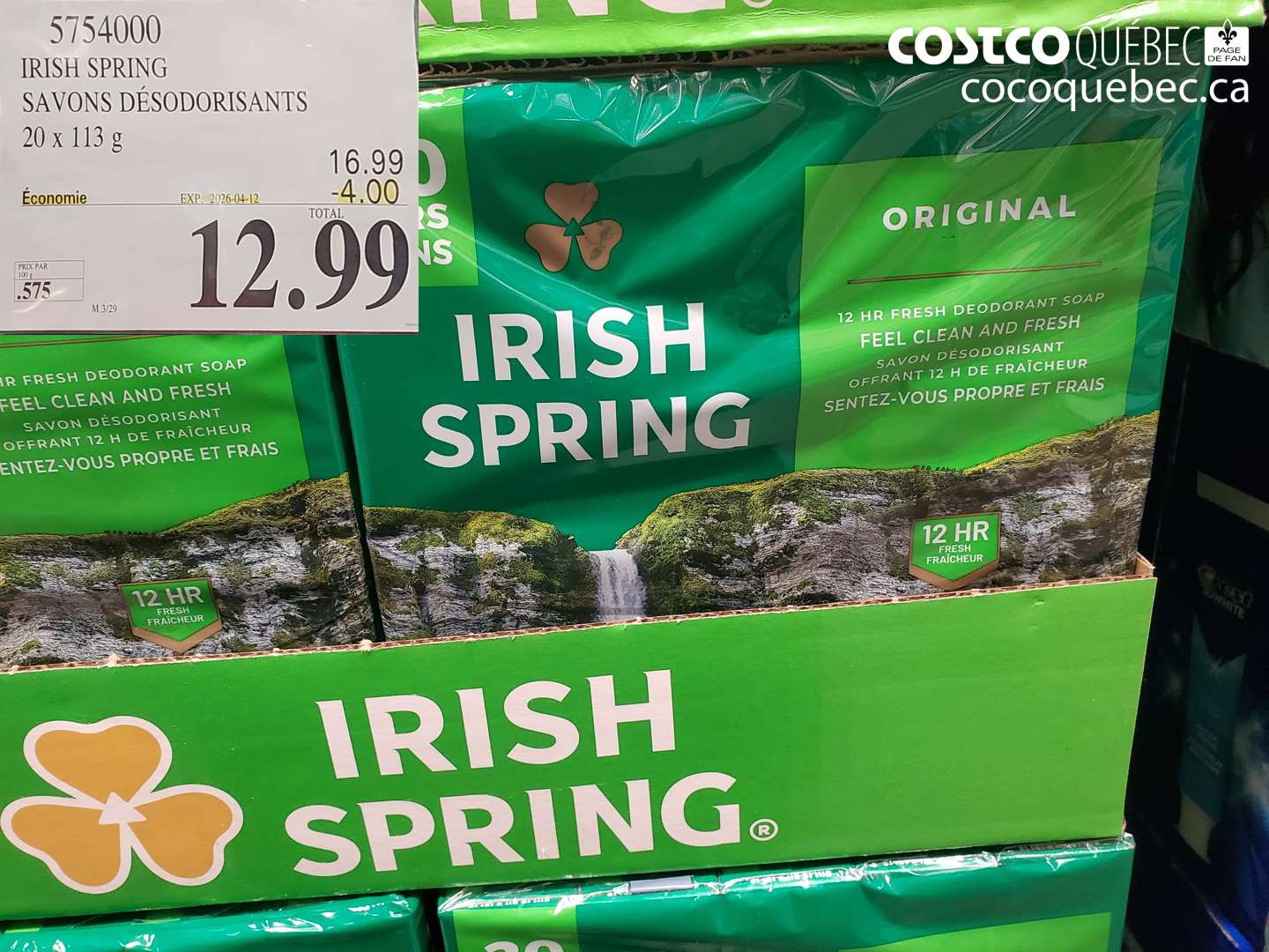 5754000 IRISH SPRING SAVONS DÉSODORISANTS 20 X 113 G ($4.00 INSTANT SAVINGS EXPIRES ON 2026-04-12) $12.99