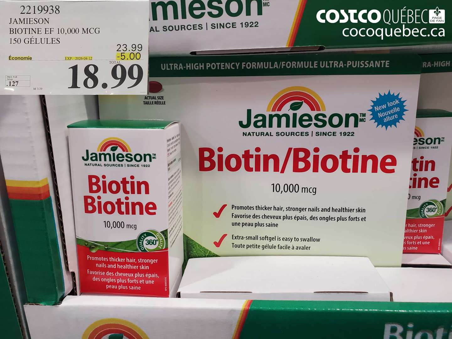 2219938 JAMIESON BIOTINE EF 10,000 MCG 150 GÉLULES ($5.00 INSTANT SAVINGS EXPIRES ON 2026-04-12) $18.99