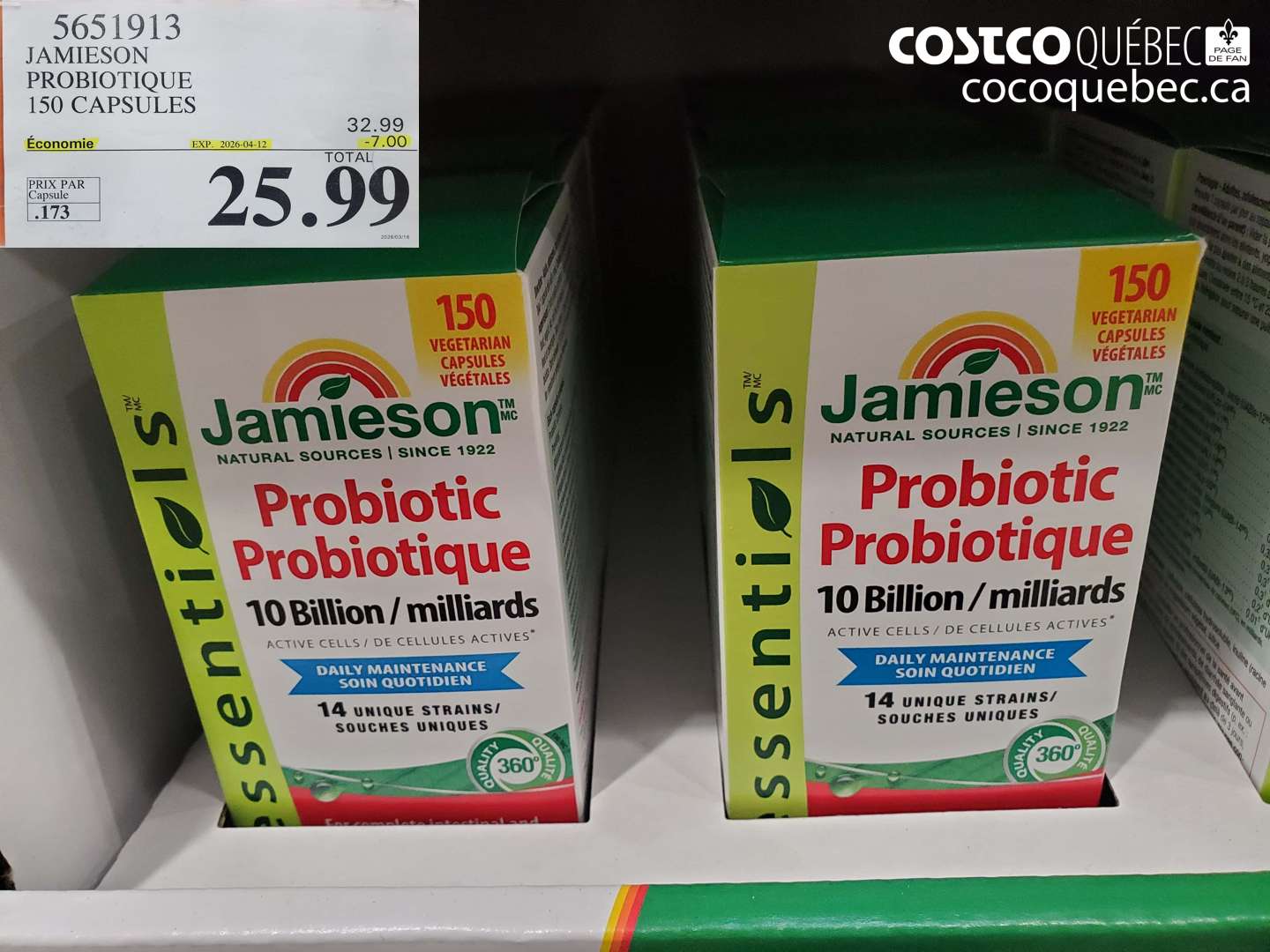 5651913 JAMIESON PROBIOTIQUE 150 CAPSULES ($7.00 INSTANT SAVINGS EXPIRES ON 2026-04-12) $25.99