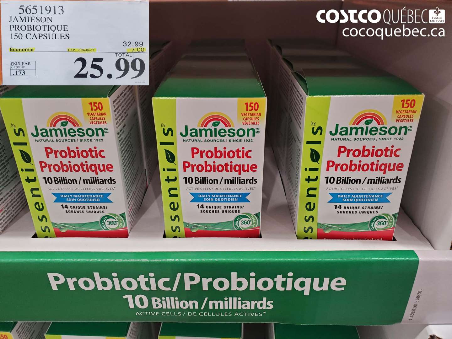 5651913 JAMIESON PROBIOTIQUE 150 CAPSULES ($7.00 INSTANT SAVINGS EXPIRES ON 2026-04-12) $25.99