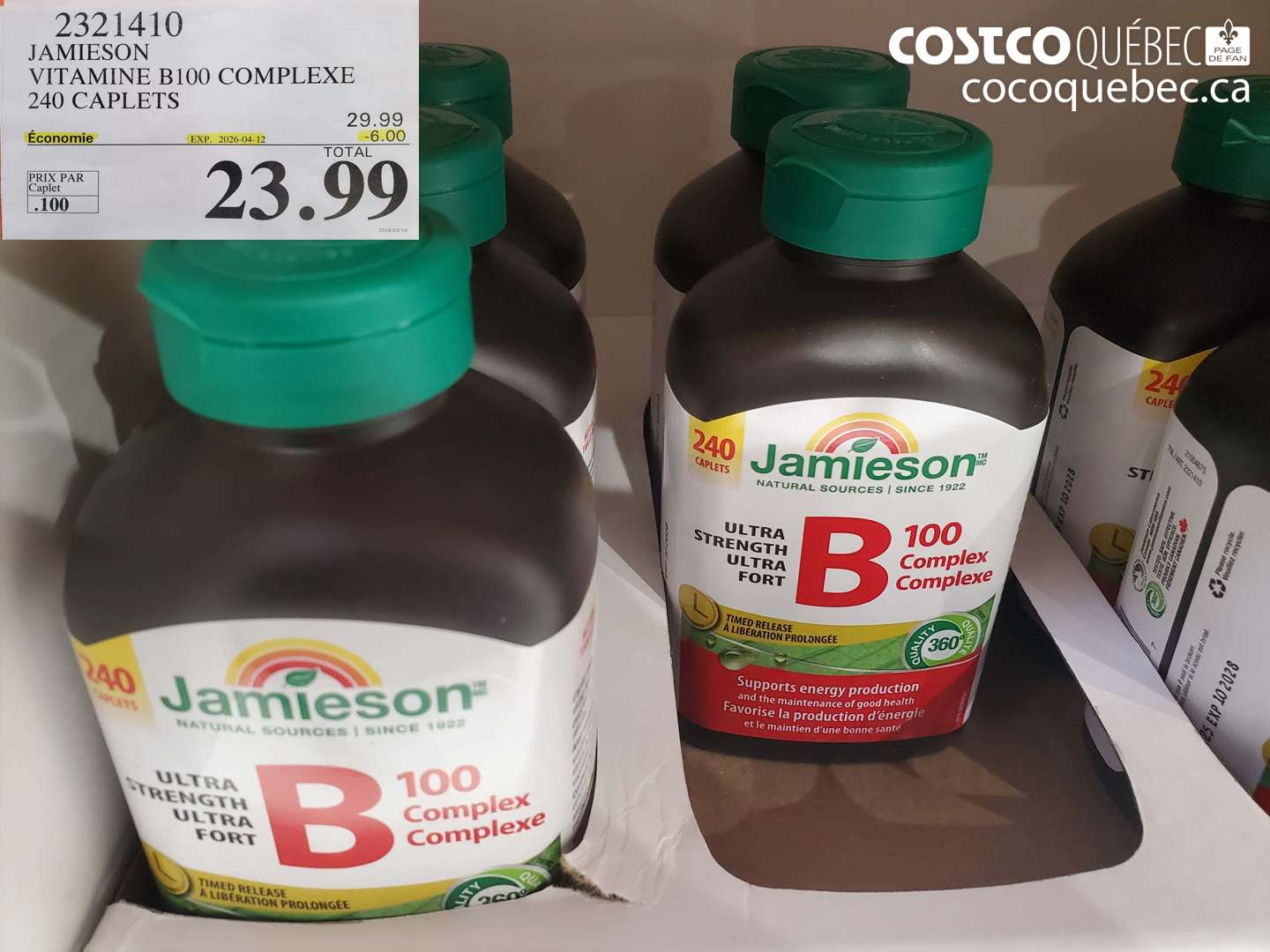 2321410 JAMIESON VITAMINE B100 COMPLEXE 240 CAPLETS ($6.00 INSTANT SAVINGS EXPIRES ON 2026-04-12) $23.99