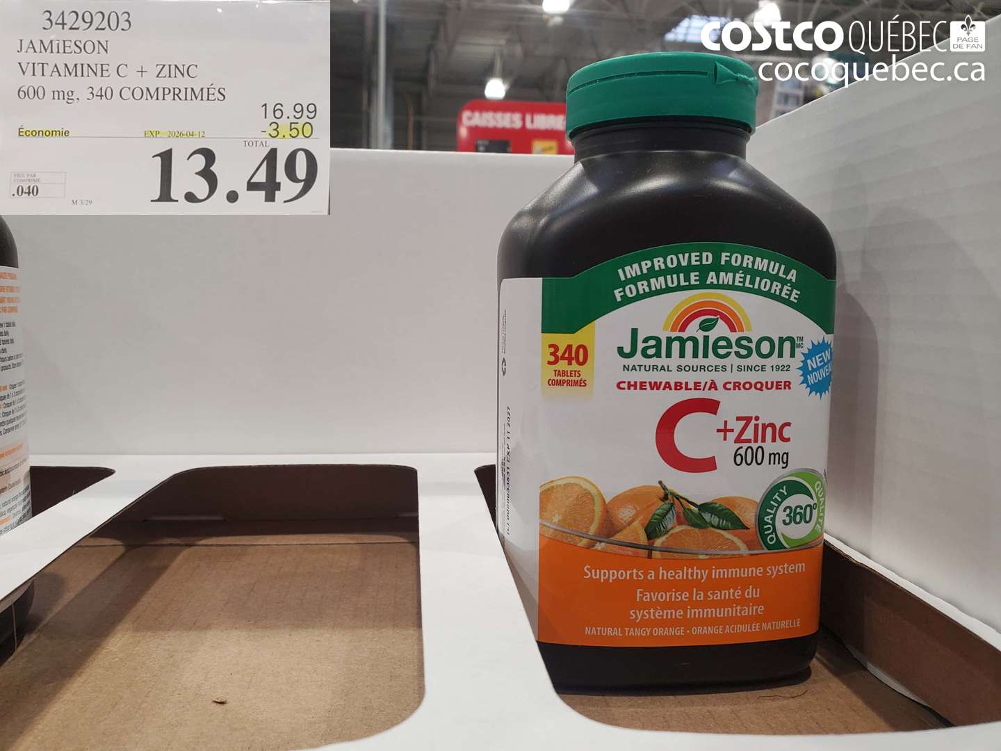 3429203 JAMIESON VITAMINE C + ZINC 600 MG, 340 COMPRIMÉS ($3.50 INSTANT SAVINGS EXPIRES ON 2026-04-12) $13.49
