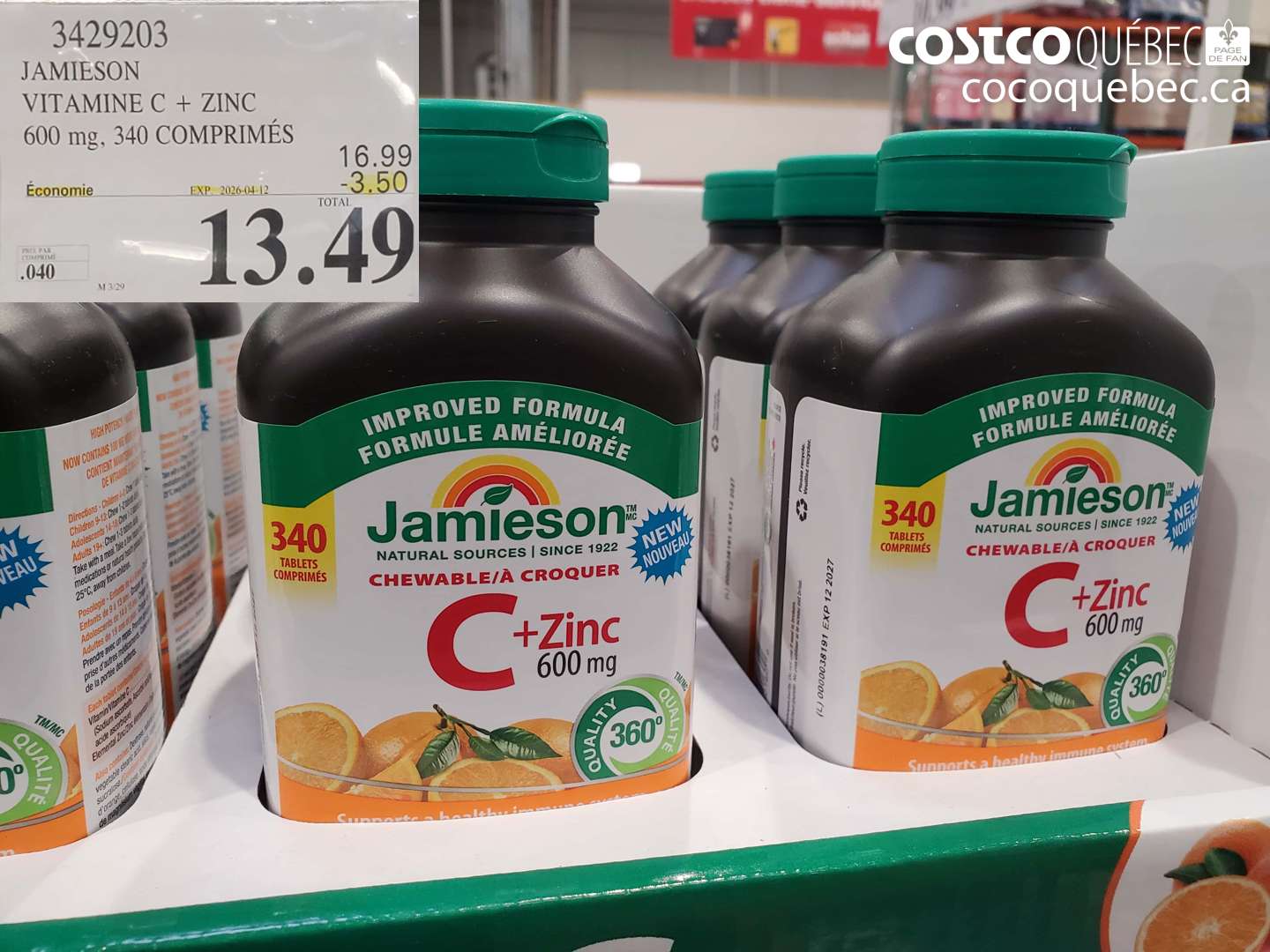 3429203 JAMIESON VITAMINE C + ZINC 600 MG, 340 COMPRIMÉS ($3.50 INSTANT SAVINGS EXPIRES ON 2026-04-12) $13.49