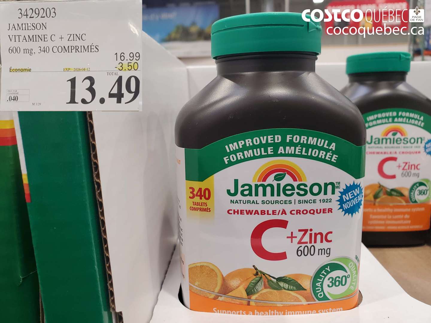 3429203 JAMIESON VITAMINE C + ZINC 600 MG, 340 COMPRIMÉS ($3.50 INSTANT SAVINGS EXPIRES ON 2026-04-12) $13.49
