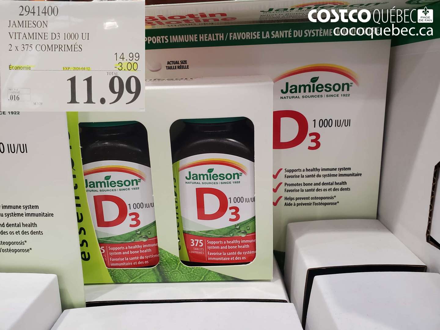 2941400 JAMIESON VITAMINE D3 1000 UI 2 X 375 COMPRIMÉS ($3.00 INSTANT SAVINGS EXPIRES ON 2026-04-12) $11.99